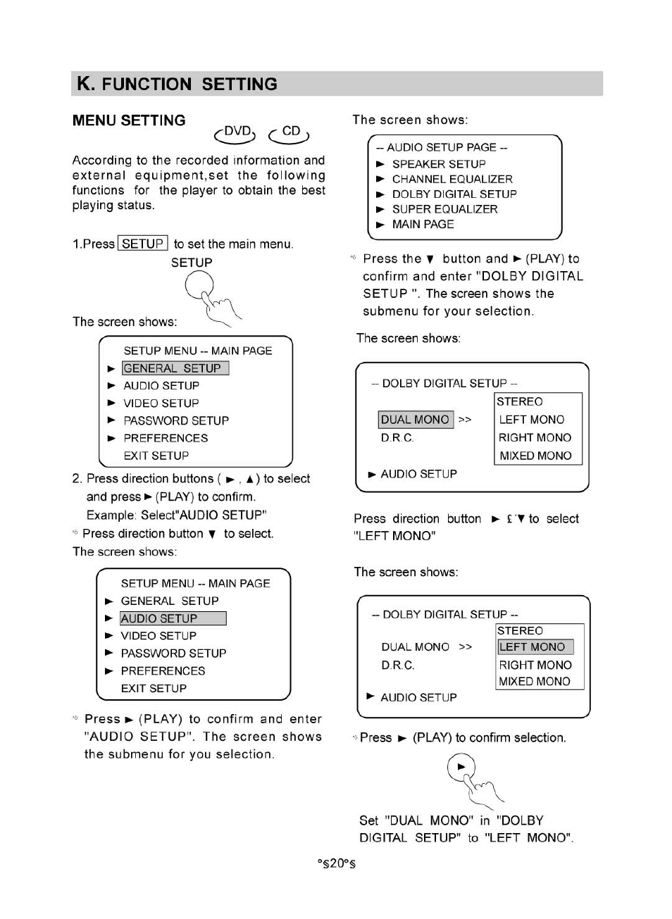 K. function setting, Menu setting | Audiovox MVDV4A User Manual | Page 22 / 34