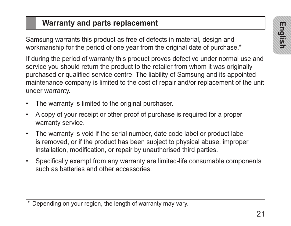 Warranty and parts replacement | Samsung BHM3200 User Manual | Page 23 / 80