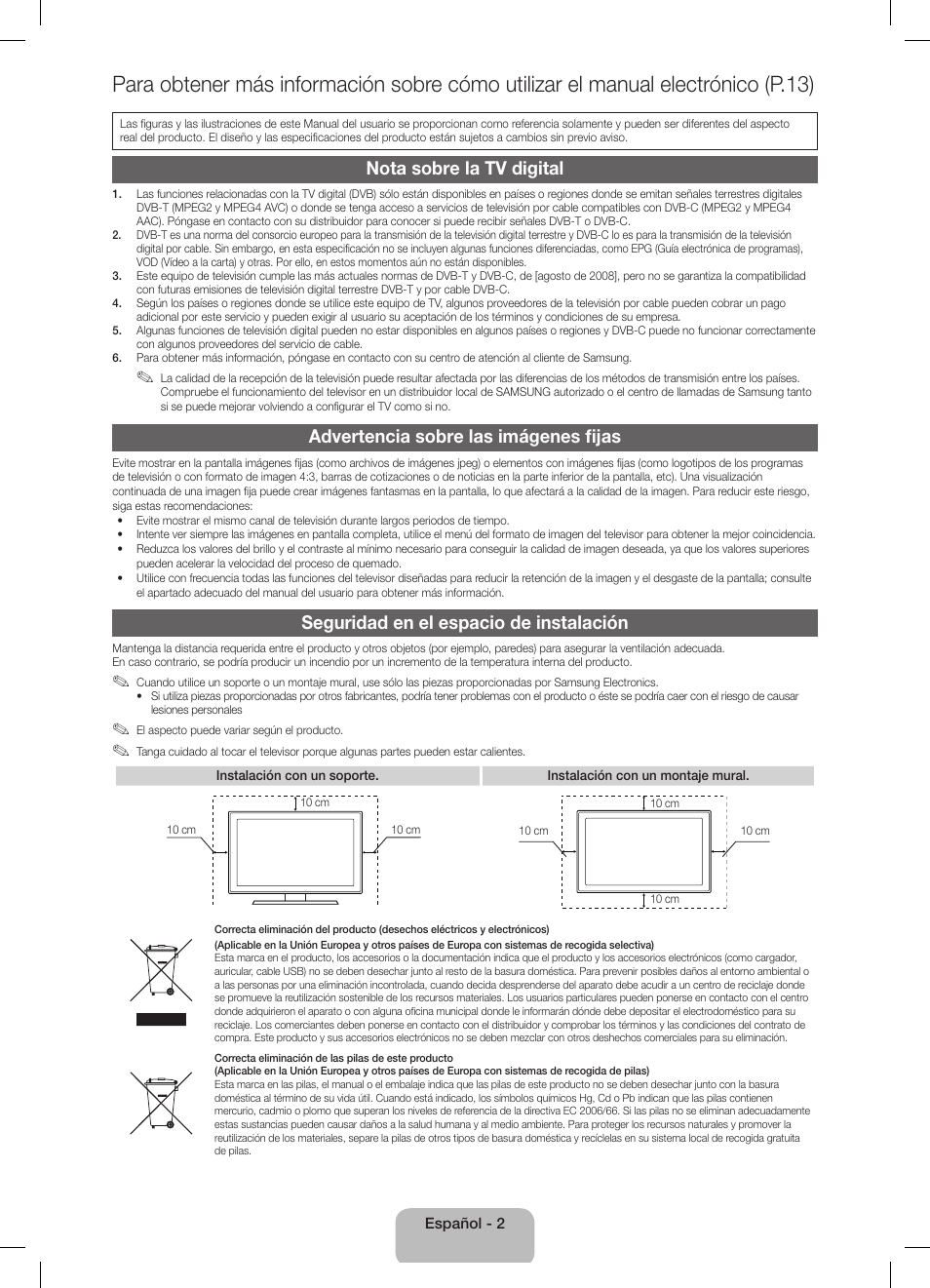 Nota sobre la tv digital, Advertencia sobre las imágenes fijas, Seguridad en el espacio de instalación | Samsung UE40D5800VW User Manual | Page 38 / 73