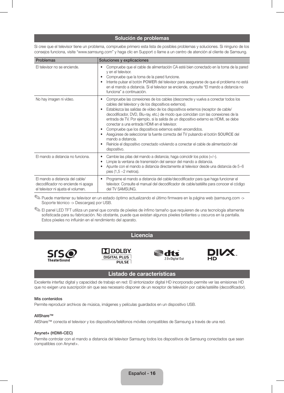 Licencia listado de características | Samsung UE40D5800VW User Manual | Page 52 / 73