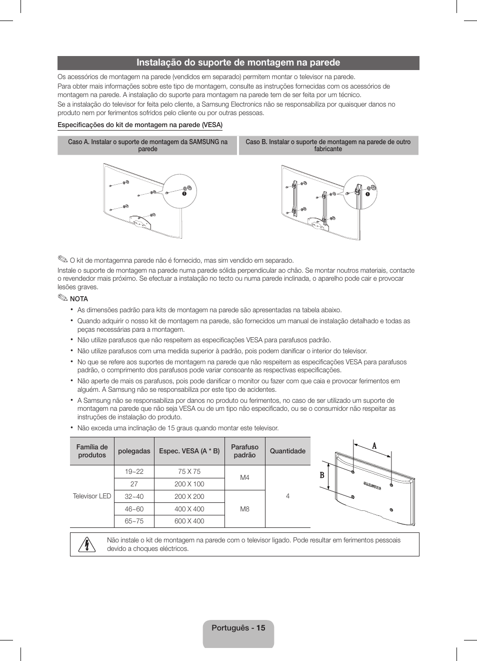 Instalação do suporte de montagem na parede | Samsung UE40D5800VW User Manual | Page 69 / 73