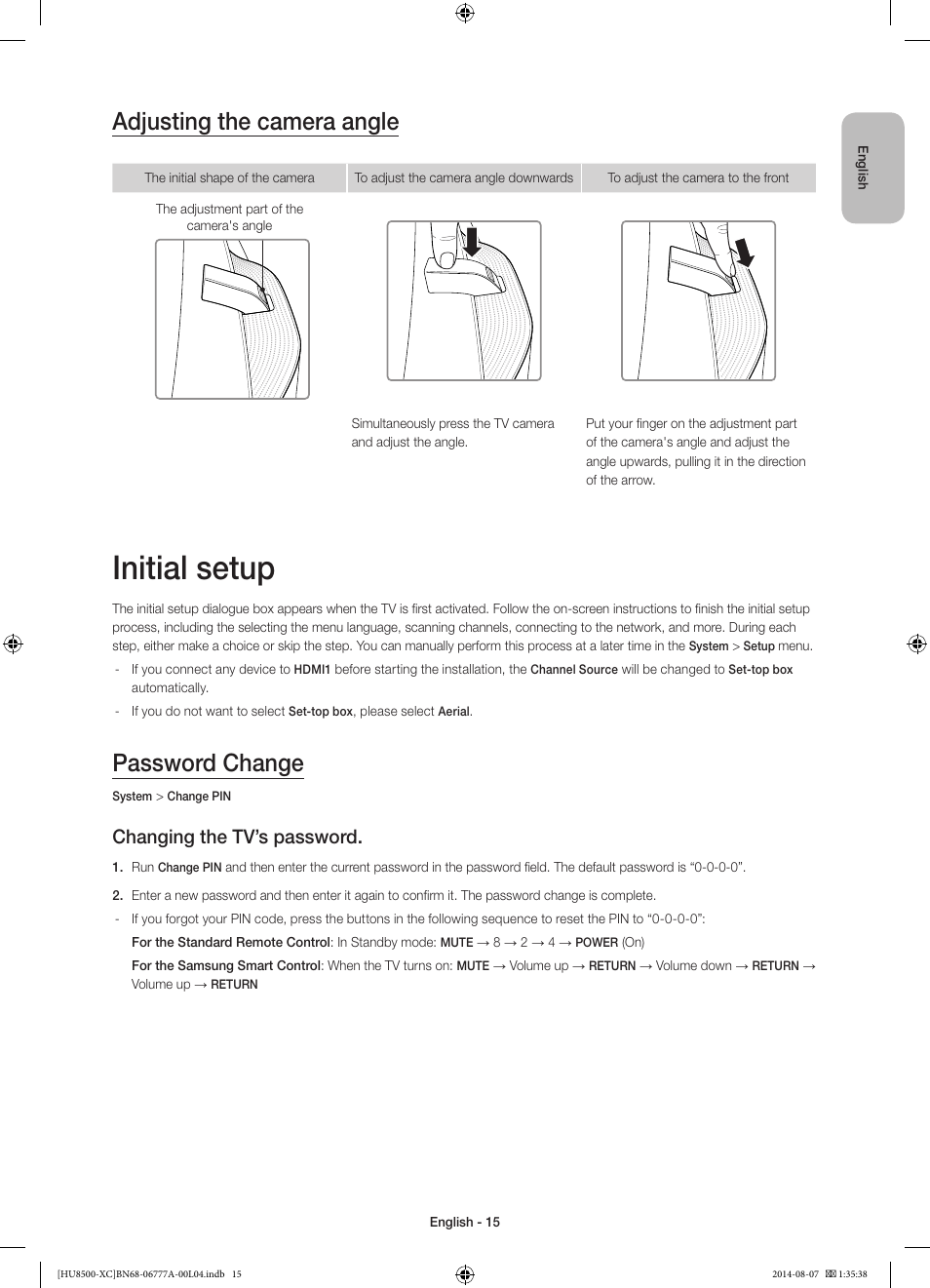 Initial setup, Adjusting the camera angle, Password change | Changing the tv’s password | Samsung UE65HU8500L User Manual | Page 15 / 98