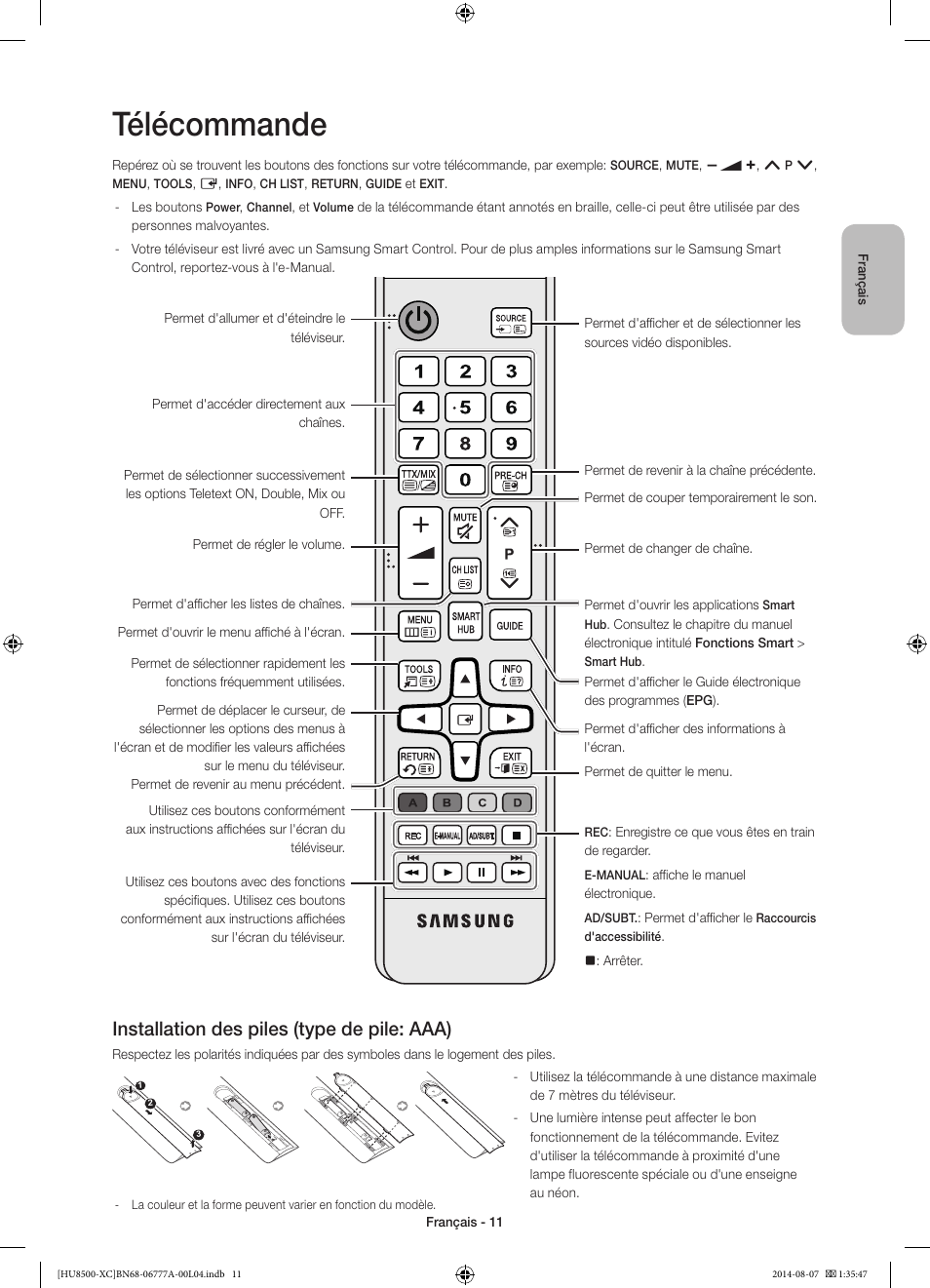 Télécommande, Installation des piles (type de pile: aaa) | Samsung UE65HU8500L User Manual | Page 35 / 98