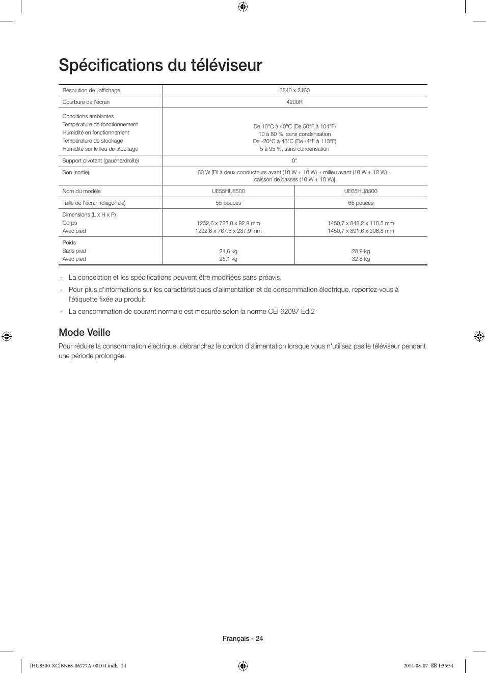 Spécifications du téléviseur, Mode veille | Samsung UE65HU8500L User Manual | Page 48 / 98