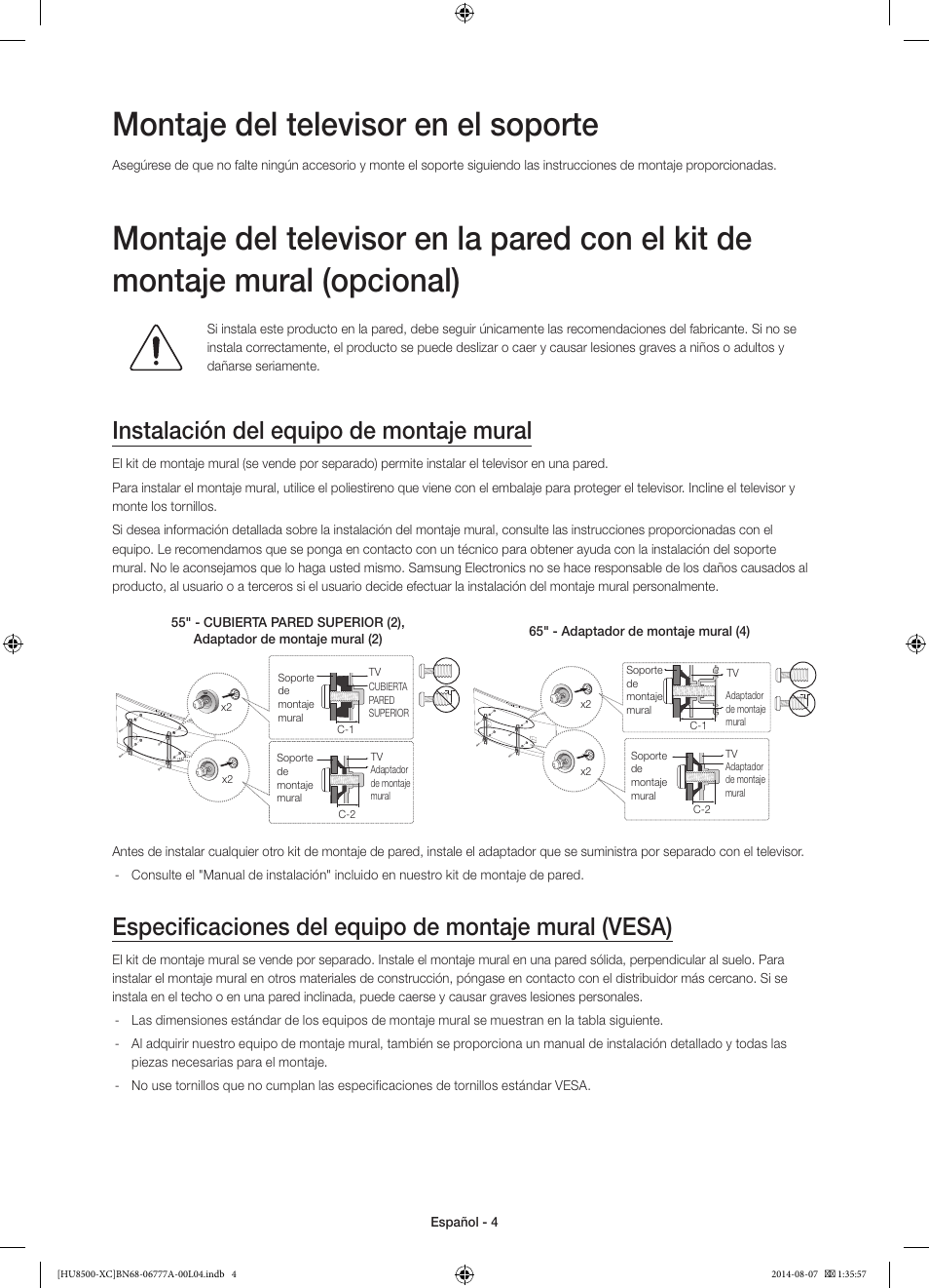Montaje del televisor en el soporte, Instalación del equipo de montaje mural | Samsung UE65HU8500L User Manual | Page 52 / 98
