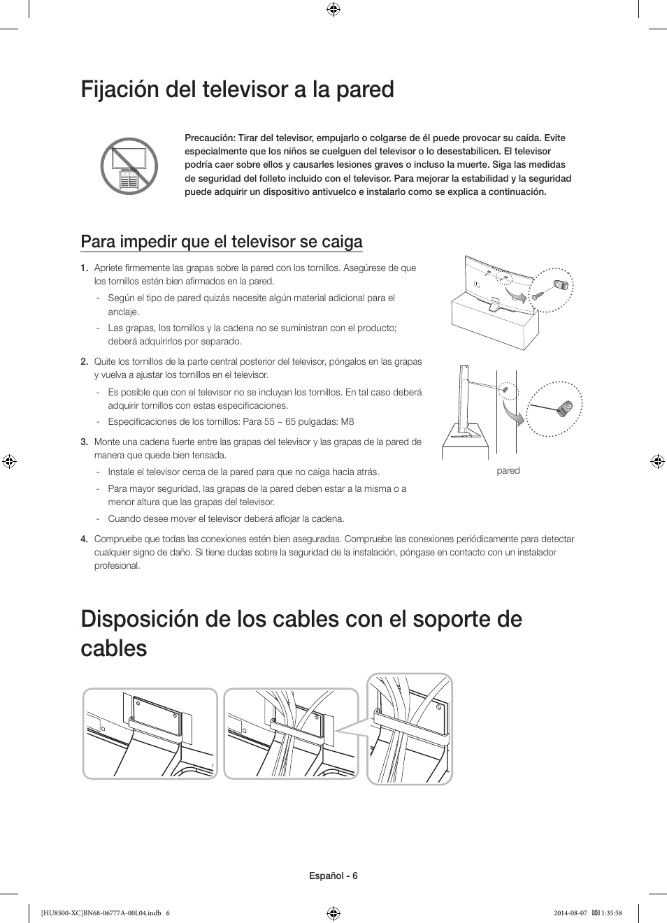 Fijación del televisor a la pared, Disposición de los cables con el soporte de cables, Para impedir que el televisor se caiga | Samsung UE65HU8500L User Manual | Page 54 / 98