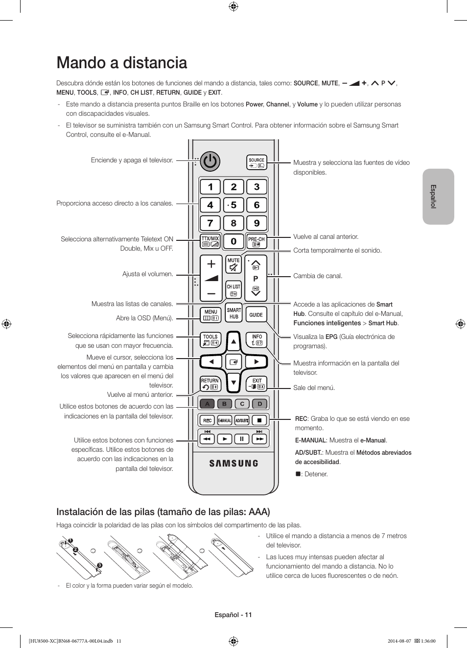 Mando a distancia | Samsung UE65HU8500L User Manual | Page 59 / 98