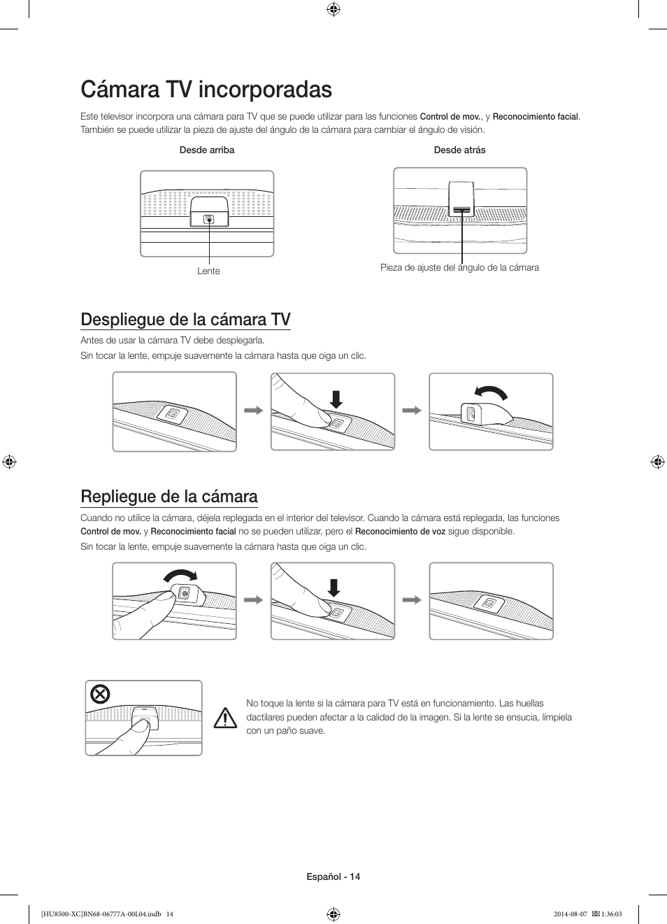 Cámara tv incorporadas, Despliegue de la cámara tv, Repliegue de la cámara | 경고 주의 경고 주의 | Samsung UE65HU8500L User Manual | Page 62 / 98