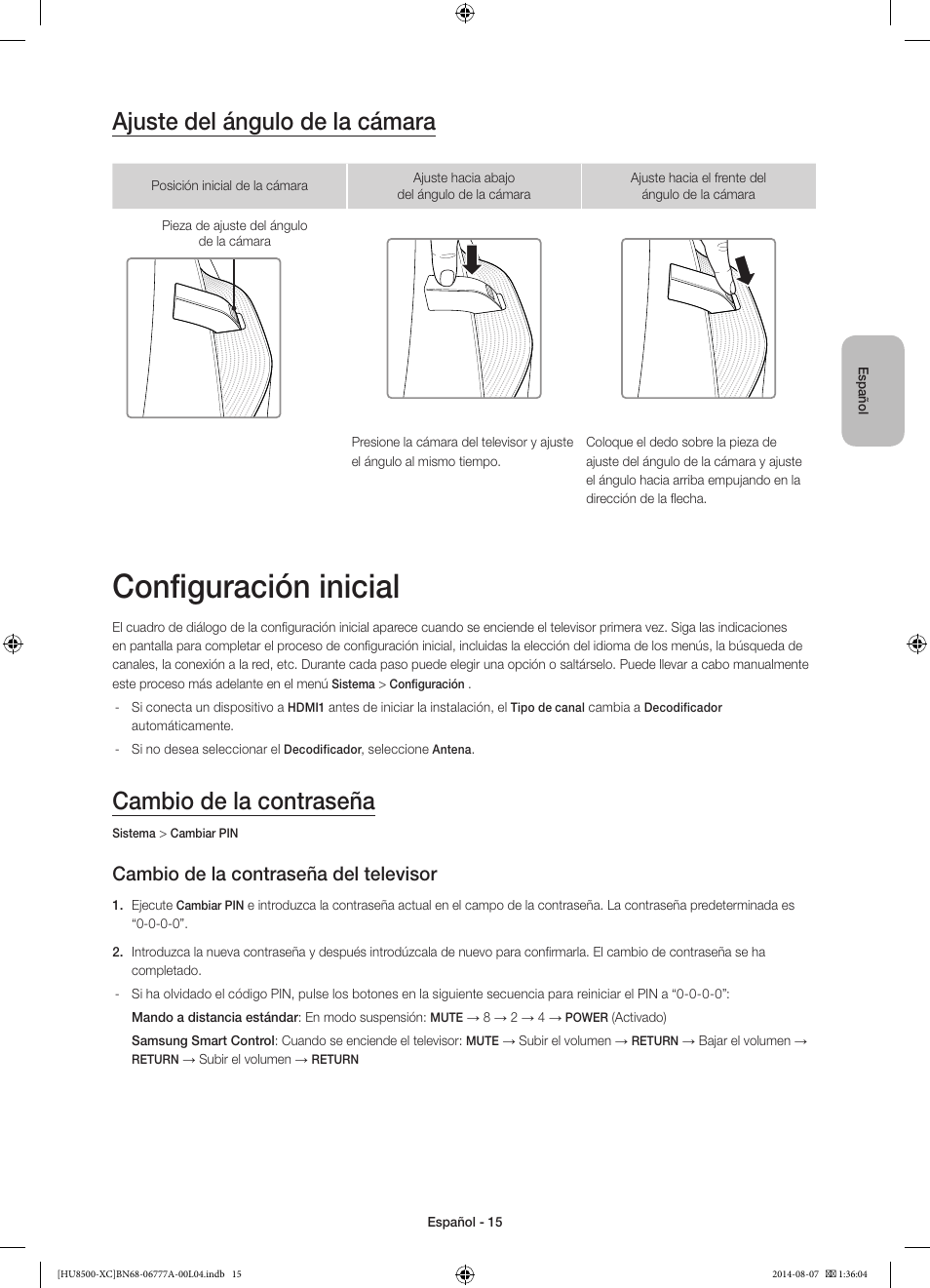 Configuración inicial, Ajuste del ángulo de la cámara, Cambio de la contraseña | Cambio de la contraseña del televisor | Samsung UE65HU8500L User Manual | Page 63 / 98