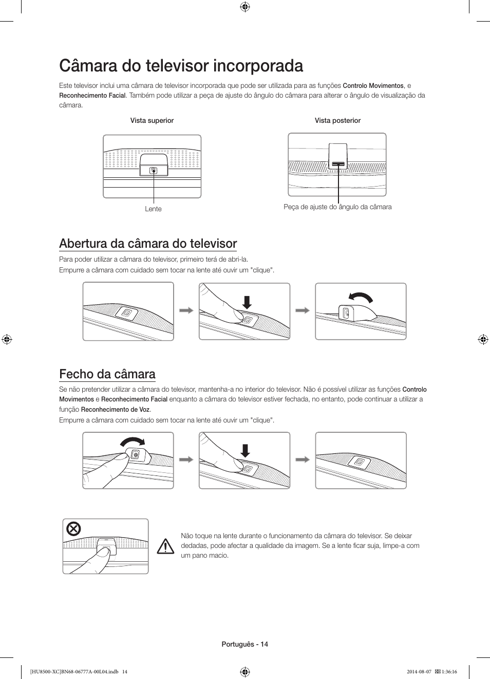 Câmara do televisor incorporada, Abertura da câmara do televisor, Fecho da câmara | 경고 주의 경고 주의 | Samsung UE65HU8500L User Manual | Page 86 / 98