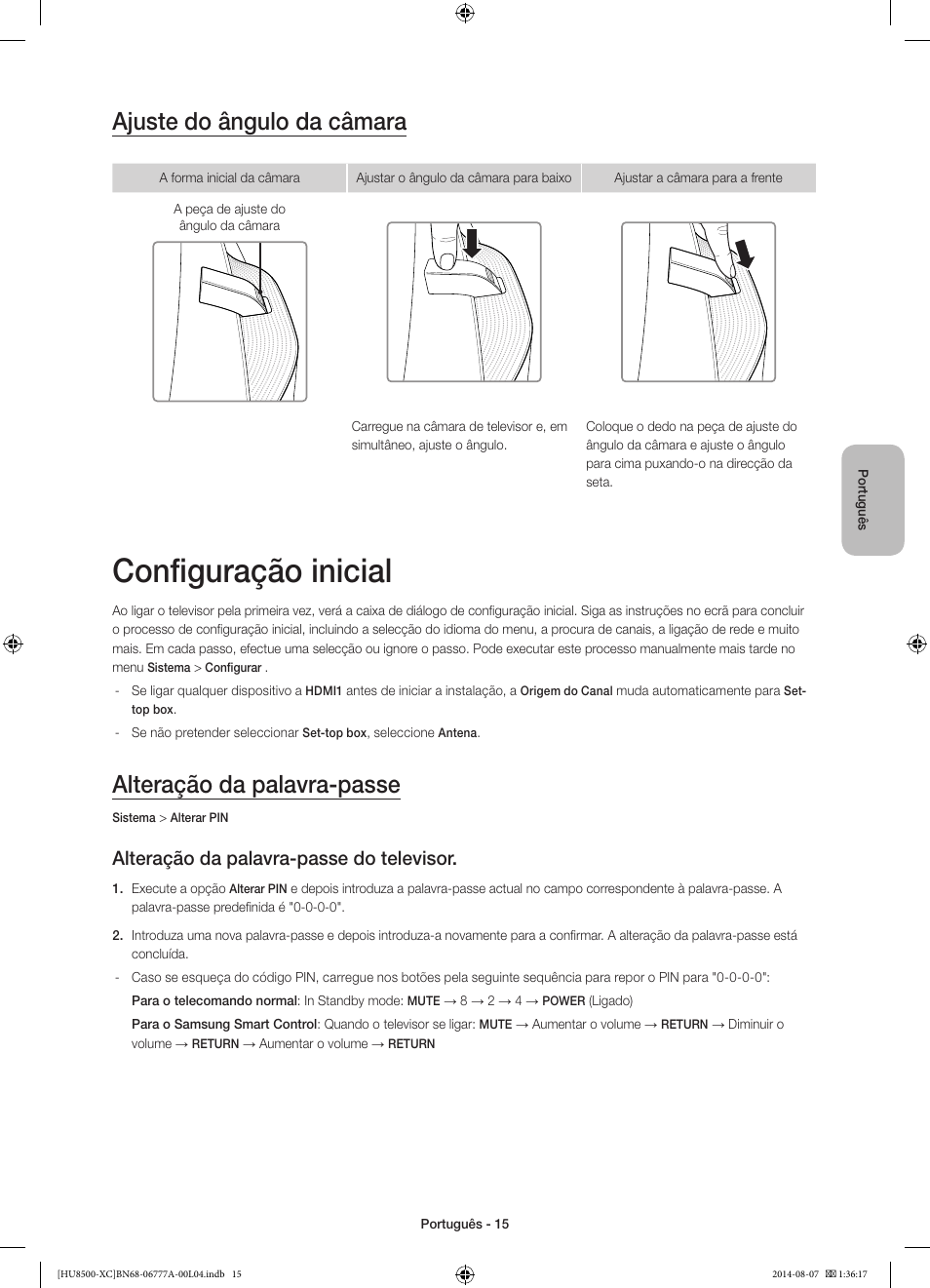 Configuração inicial, Ajuste do ângulo da câmara, Alteração da palavra-passe | Alteração da palavra-passe do televisor | Samsung UE65HU8500L User Manual | Page 87 / 98