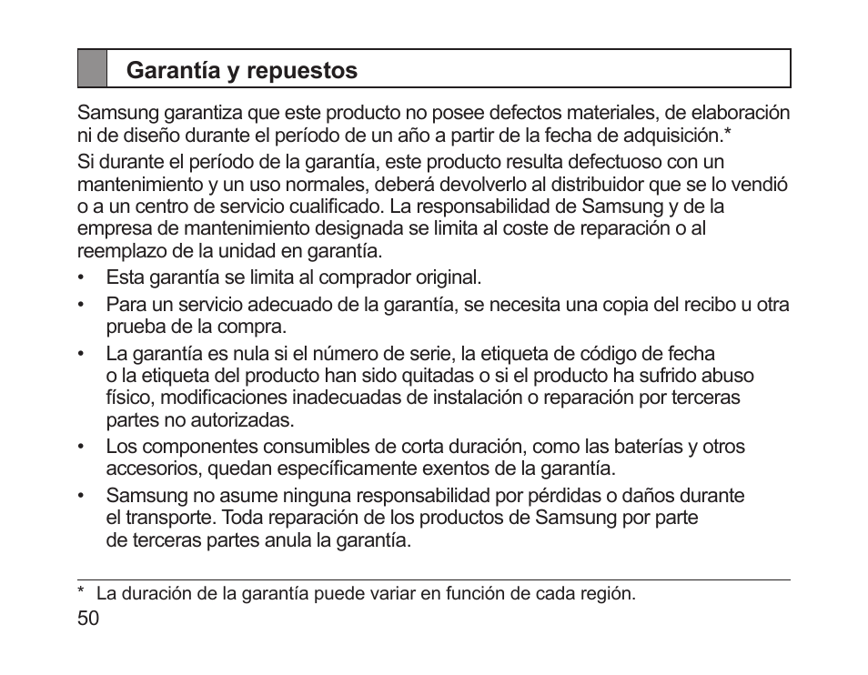 Garantía y repuestos | Samsung HM1700 User Manual | Page 52 / 84
