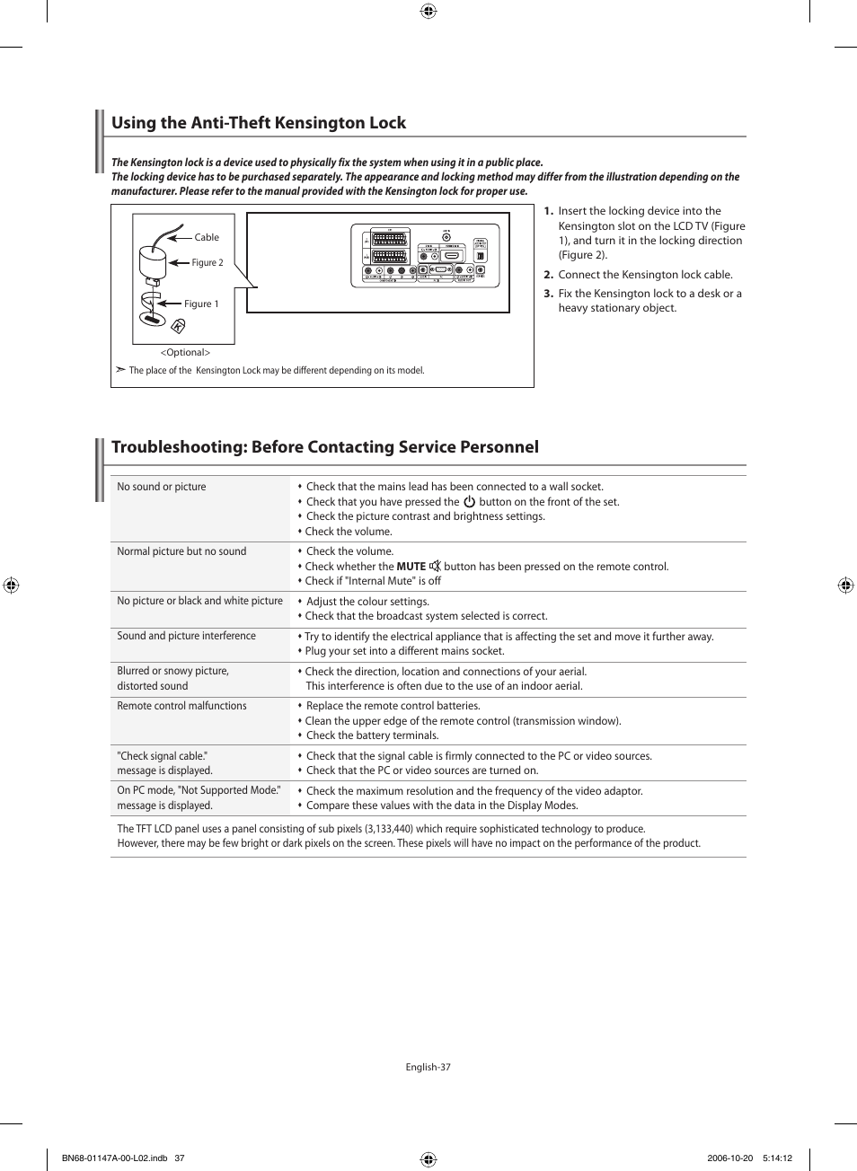 Recommendations for use, Using the anti-theft kensington lock | Samsung LE32S66BD User Manual | Page 39 / 81