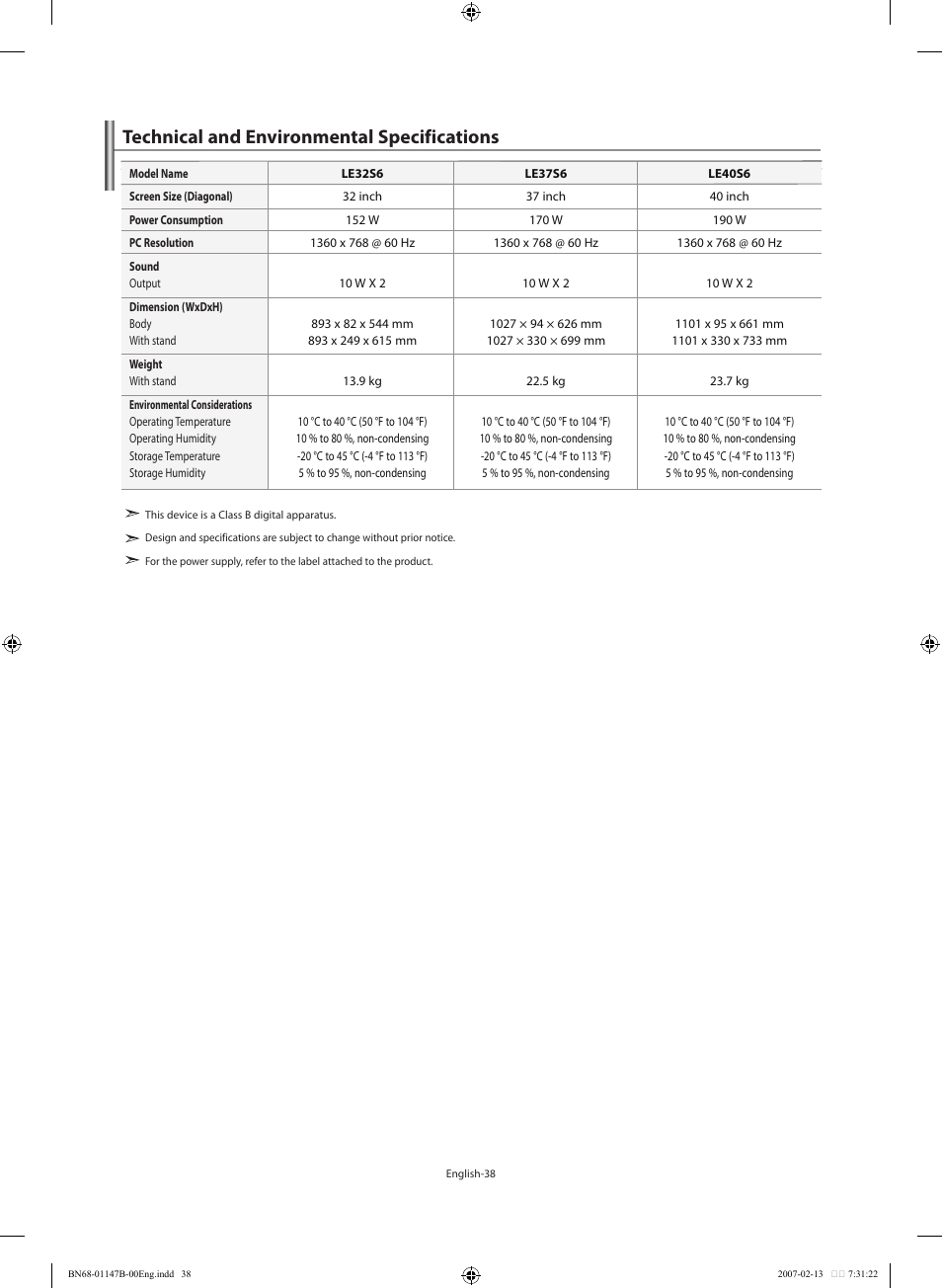 Technical and environmental specifications | Samsung LE32S66BD User Manual | Page 40 / 81