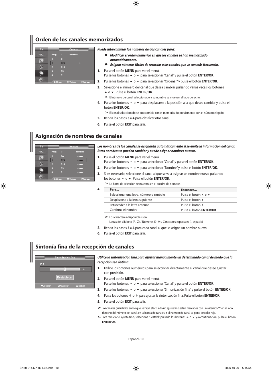 Sintonía fina de la recepción de canales, Asignación de nombres de canales | Samsung LE32S66BD User Manual | Page 51 / 81