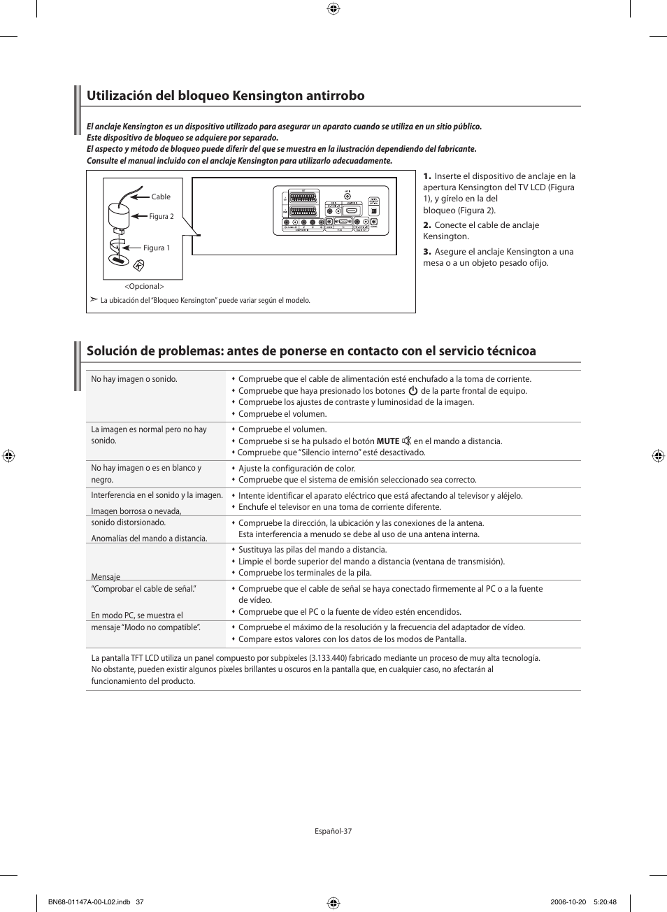 Utilización del bloqueo kensington antirrobo | Samsung LE32S66BD User Manual | Page 78 / 81