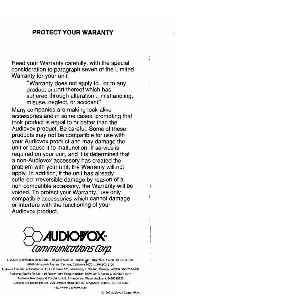 Ludioirax, Tommi/n/ott/onscorp, Protect your waranty | Audiovox MVX-470 User Manual | Page 26 / 26