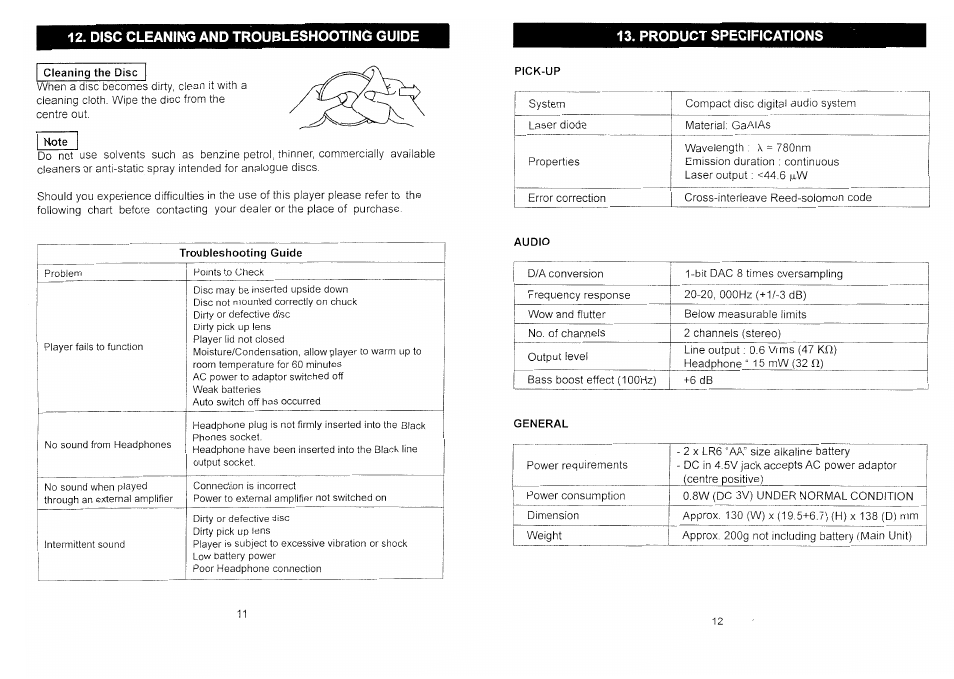 Disc cleaning and troubleshooting guide | Audiovox CE170S User Manual | Page 7 / 7