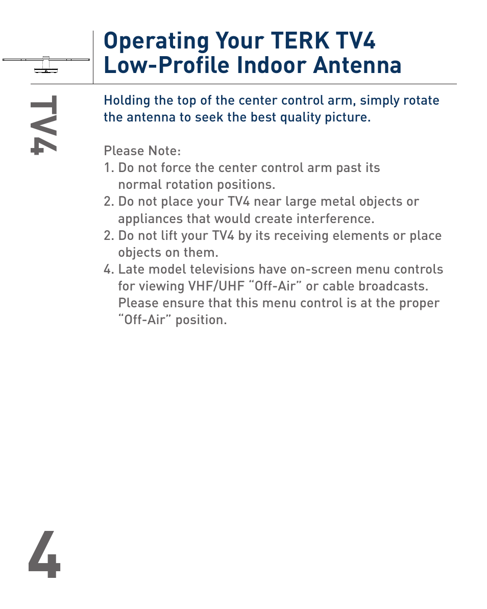 Operating your terk tv4 low-profile indoor antenna | Audiovox TV4 User Manual | Page 5 / 8