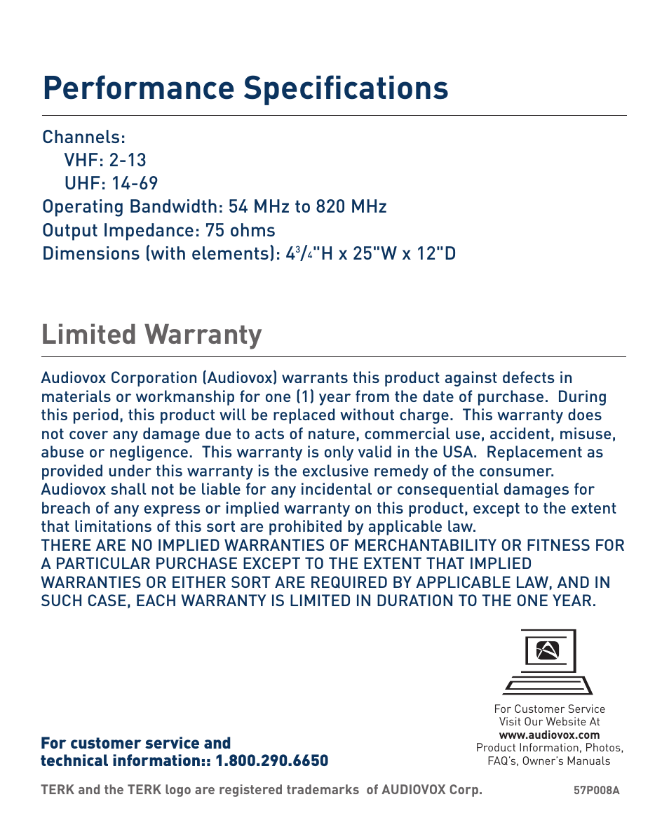 Performance specifications, Limited warranty | Audiovox TV4 User Manual | Page 8 / 8