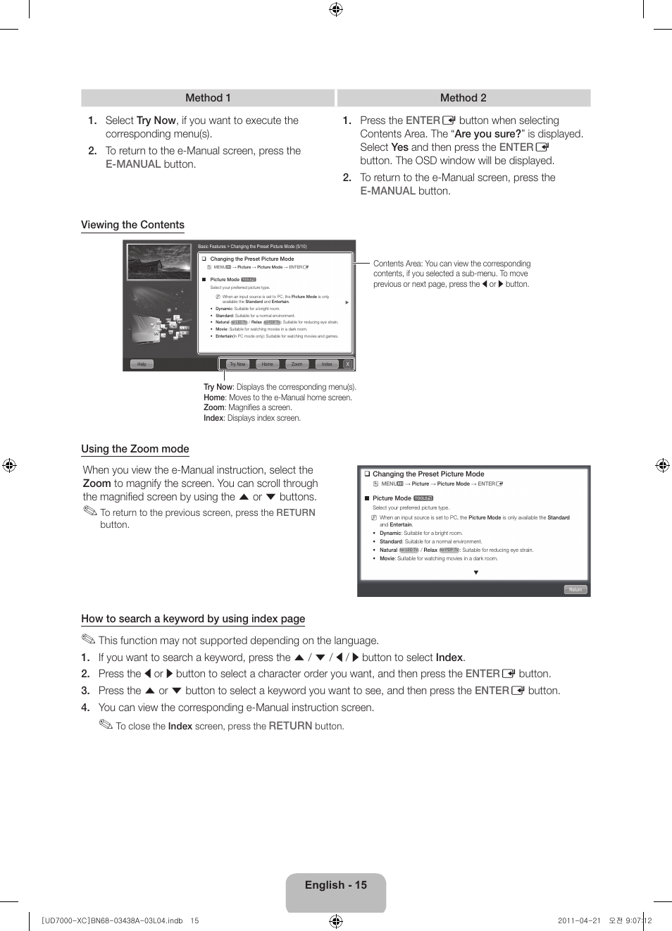 How to search a keyword by using index page, Return | Samsung UE46D7000LS User Manual | Page 15 / 82