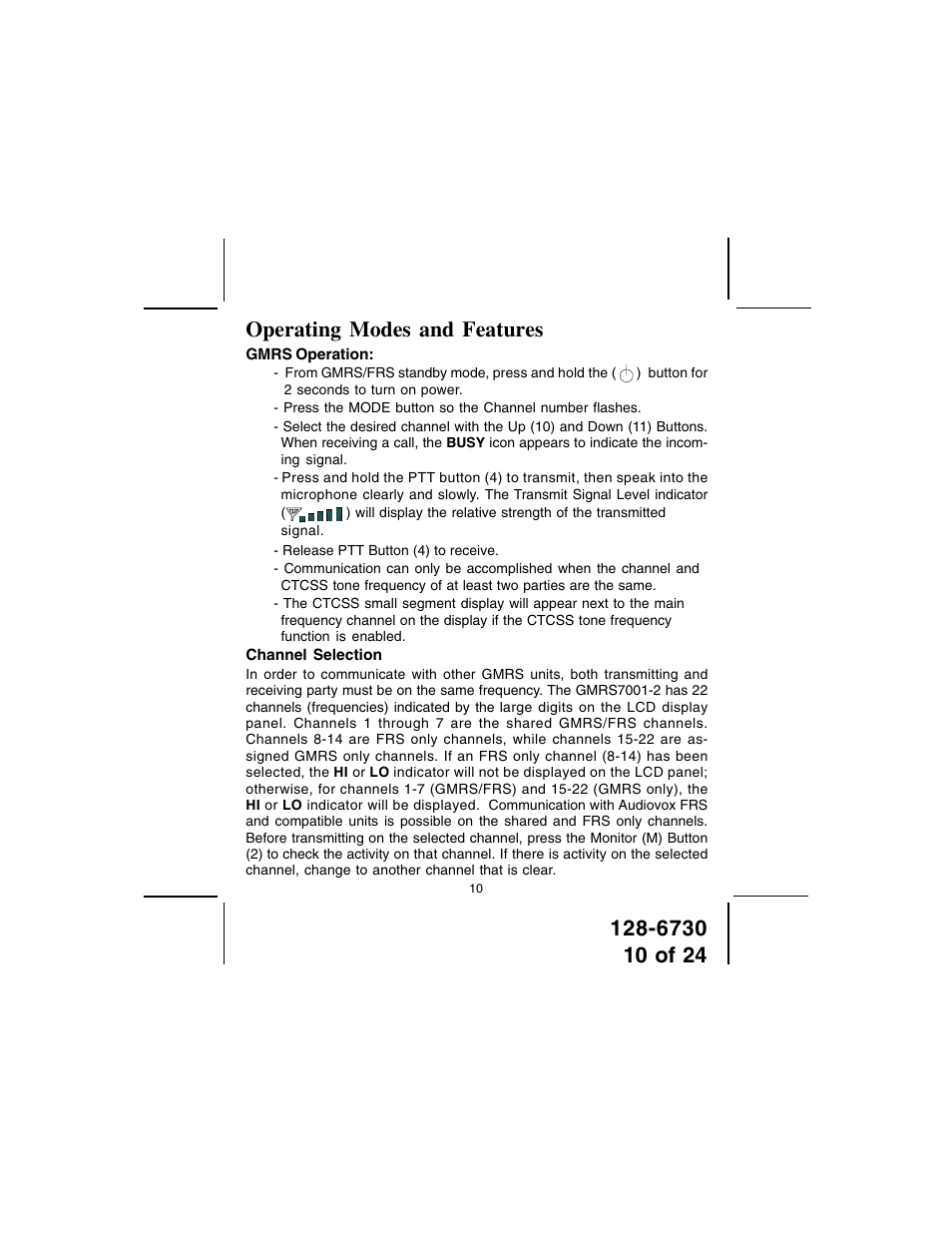 Operating modes and features | Audiovox GMRS7001-2 User Manual | Page 10 / 24