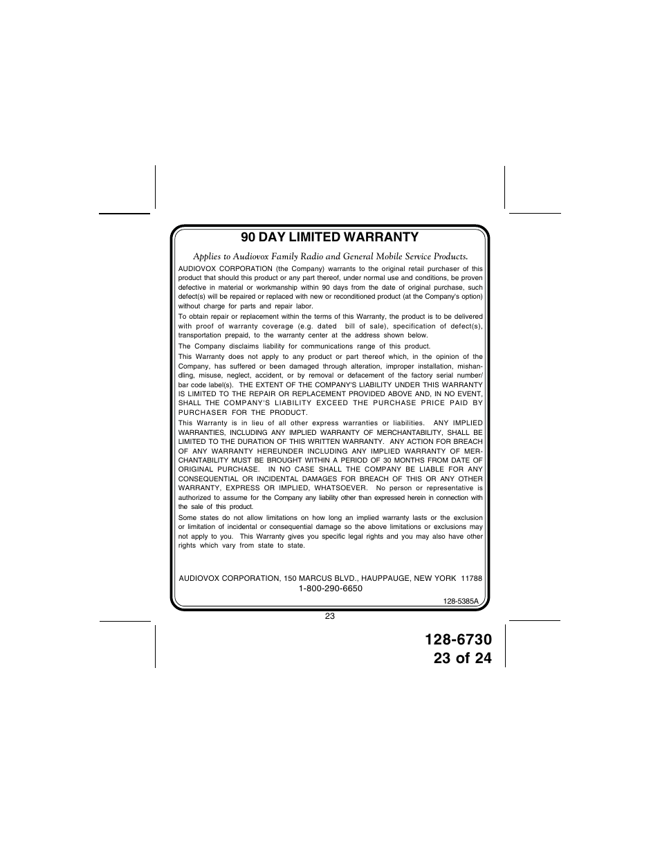 90 day limited warranty | Audiovox GMRS7001-2 User Manual | Page 23 / 24