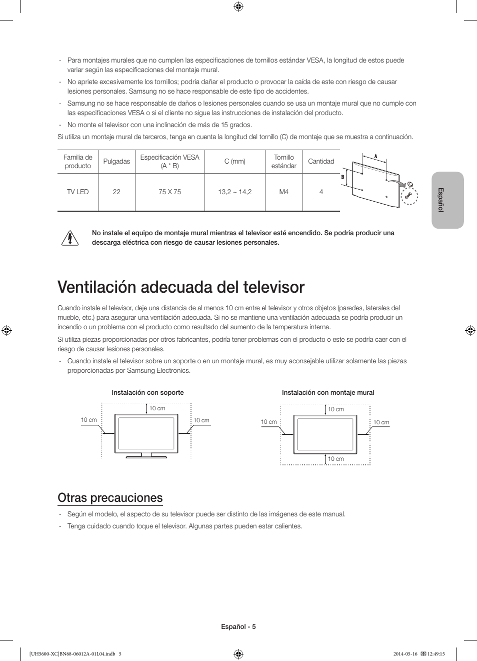 Ventilación adecuada del televisor, Otras precauciones | Samsung UE22H5600AW User Manual | Page 45 / 81