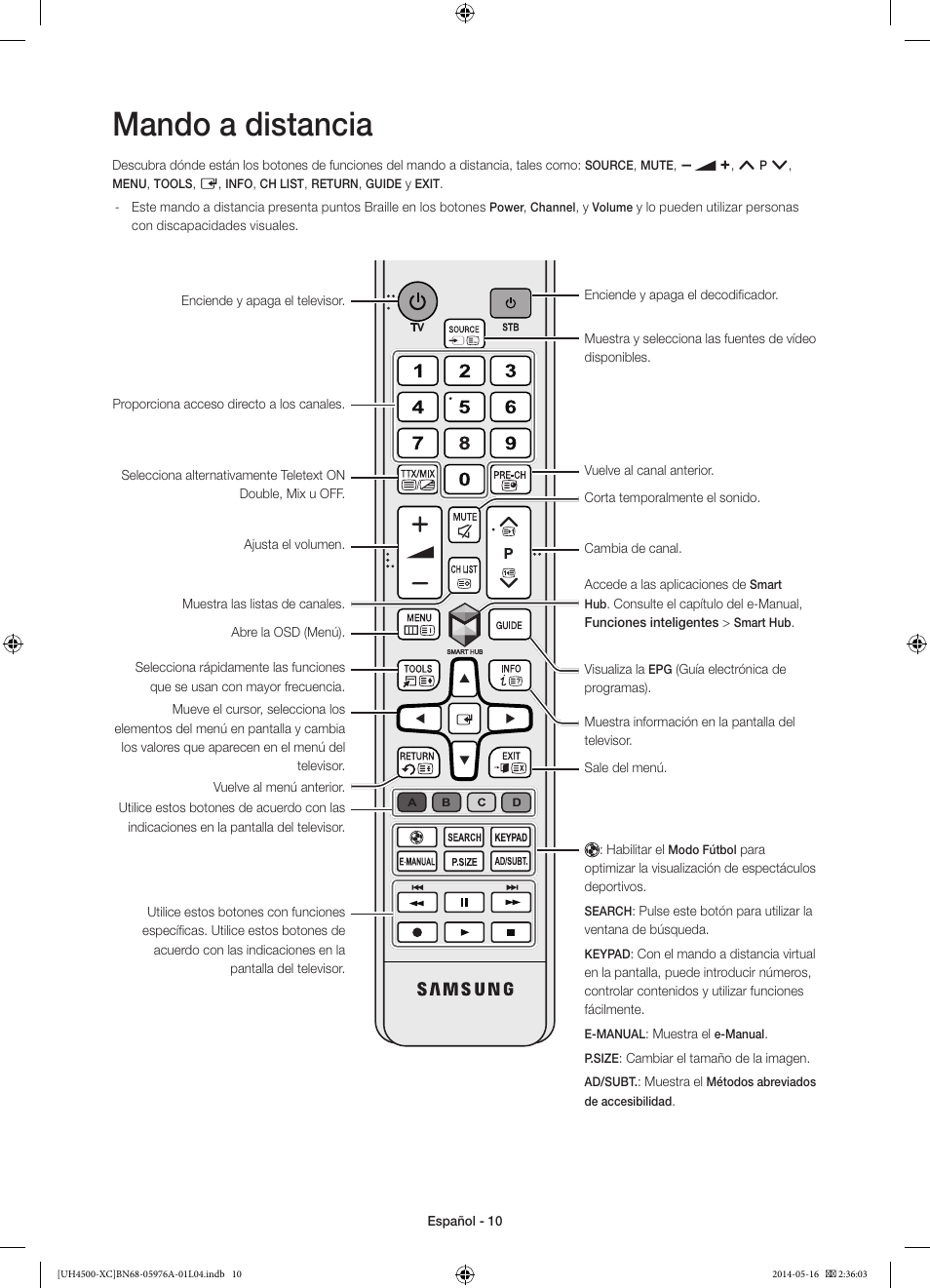 Mando a distancia | Samsung UE32H4500AW User Manual | Page 46 / 73