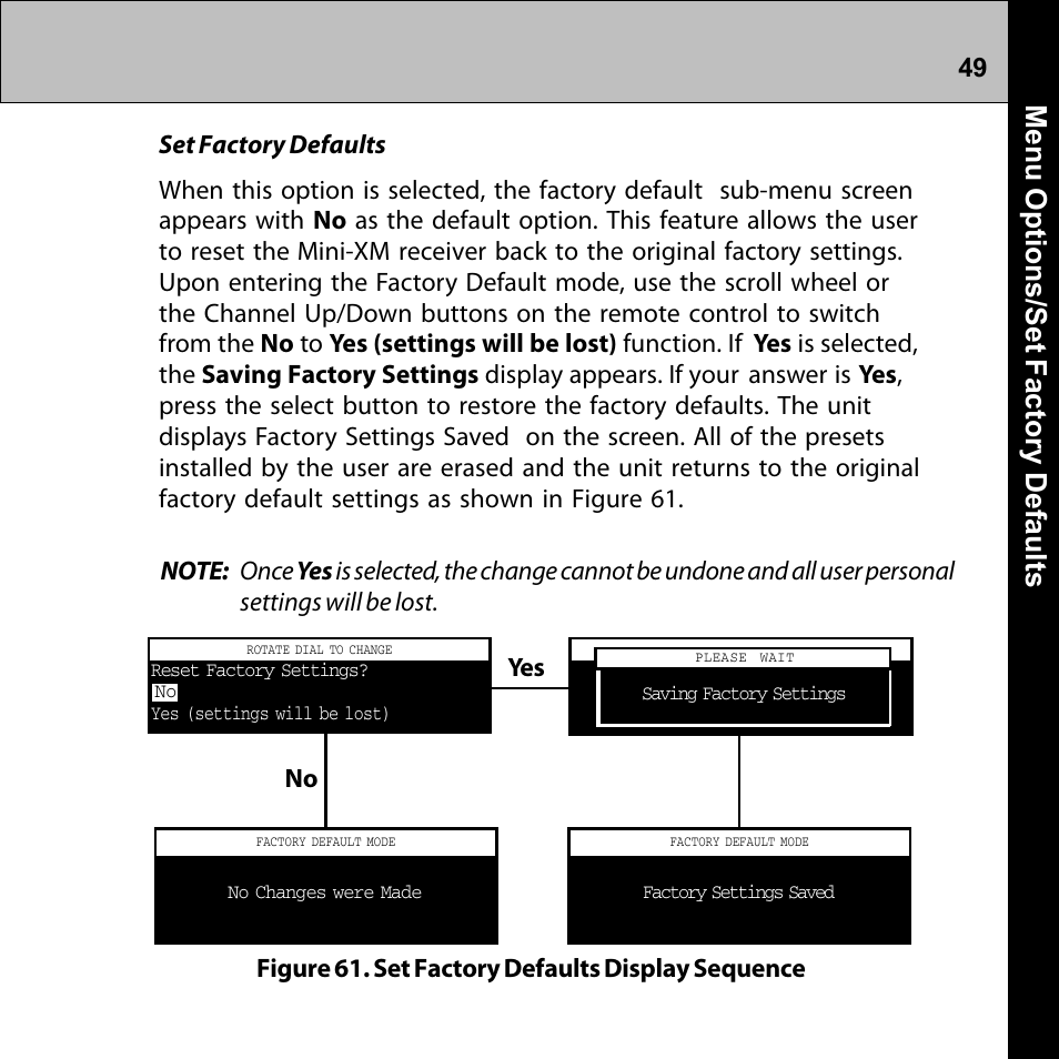 Menu options/set factory defaults, Yes no | Audiovox Commander MT XMRVRFM002 User Manual | Page 49 / 64