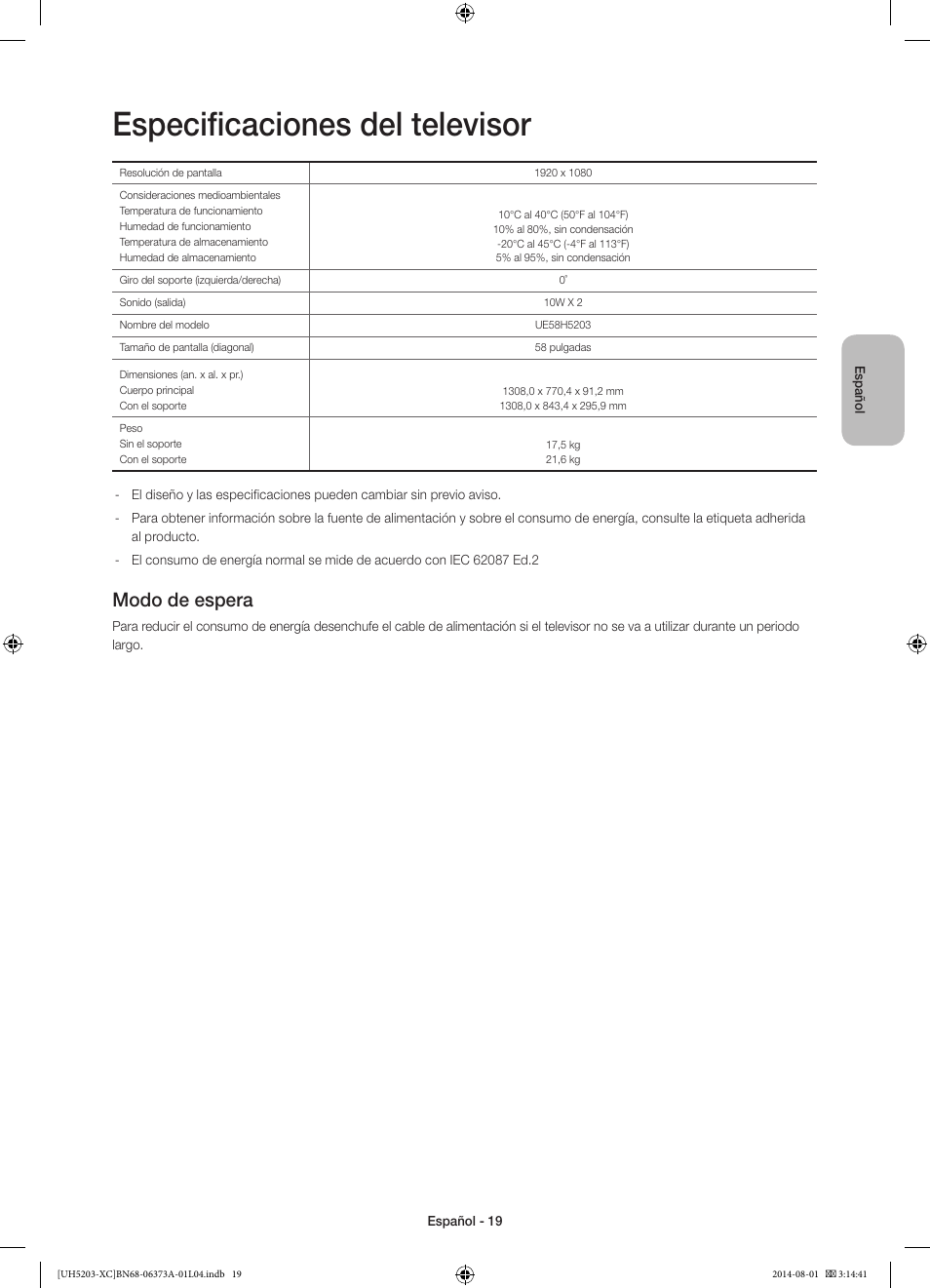 Especificaciones del televisor, Modo de espera | Samsung UE58H5203AW User Manual | Page 59 / 81