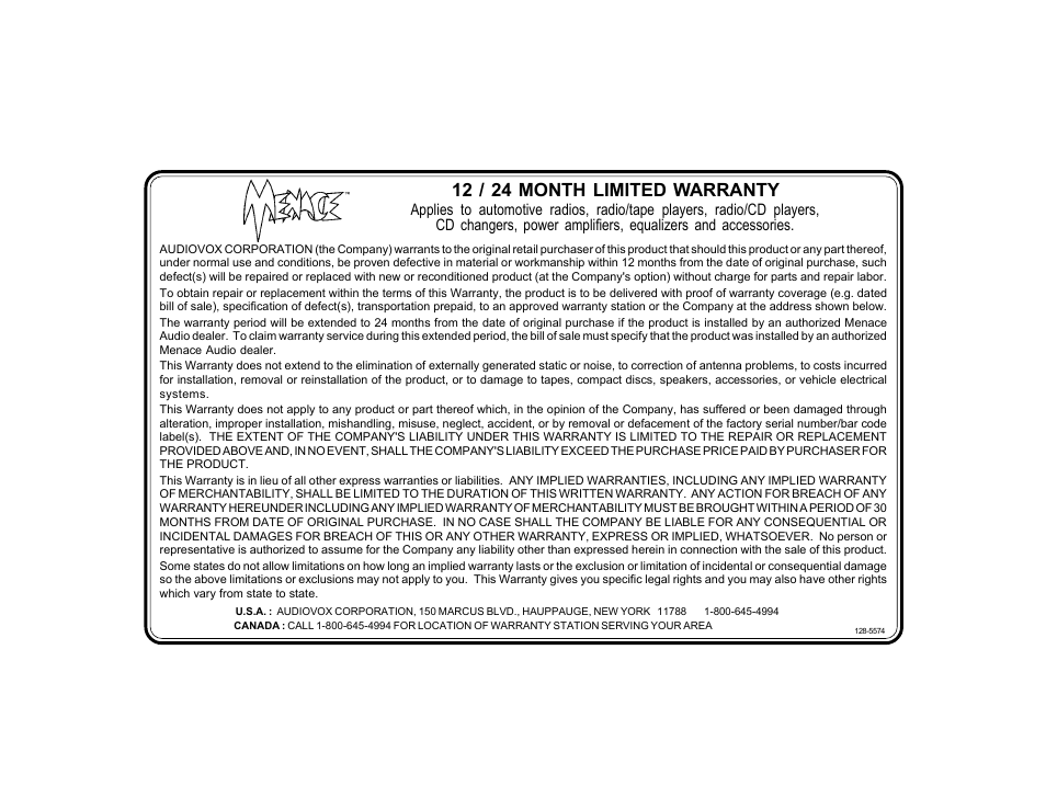 12 / 24 month limited warranty | Audiovox PA-S250 User Manual | Page 15 / 16