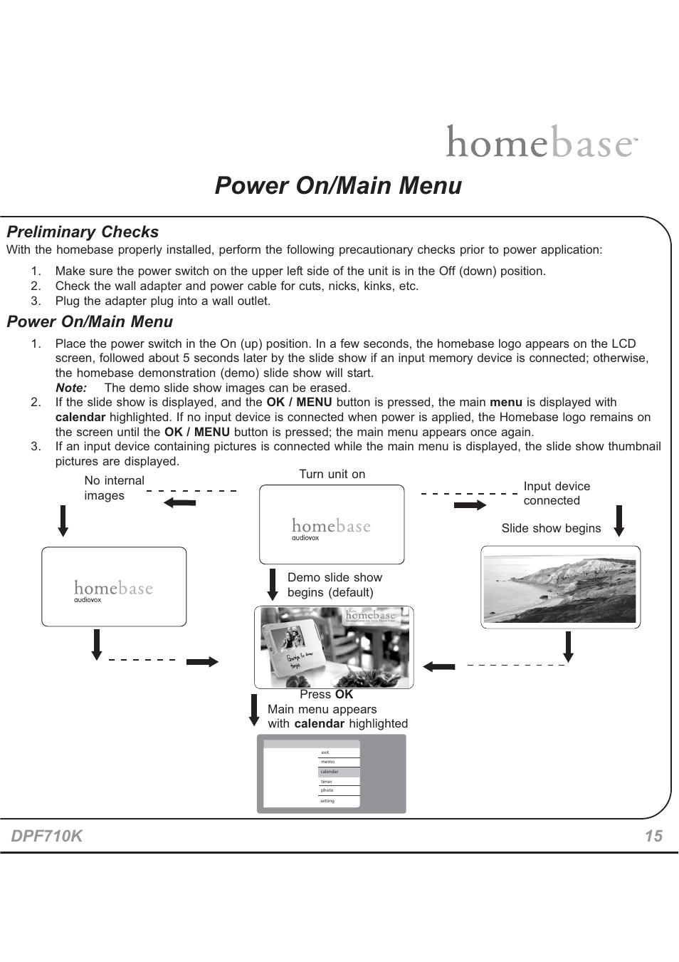 Power on/main menu, Preliminary checks | Audiovox HOMEBASE DPF710K User Manual | Page 15 / 32
