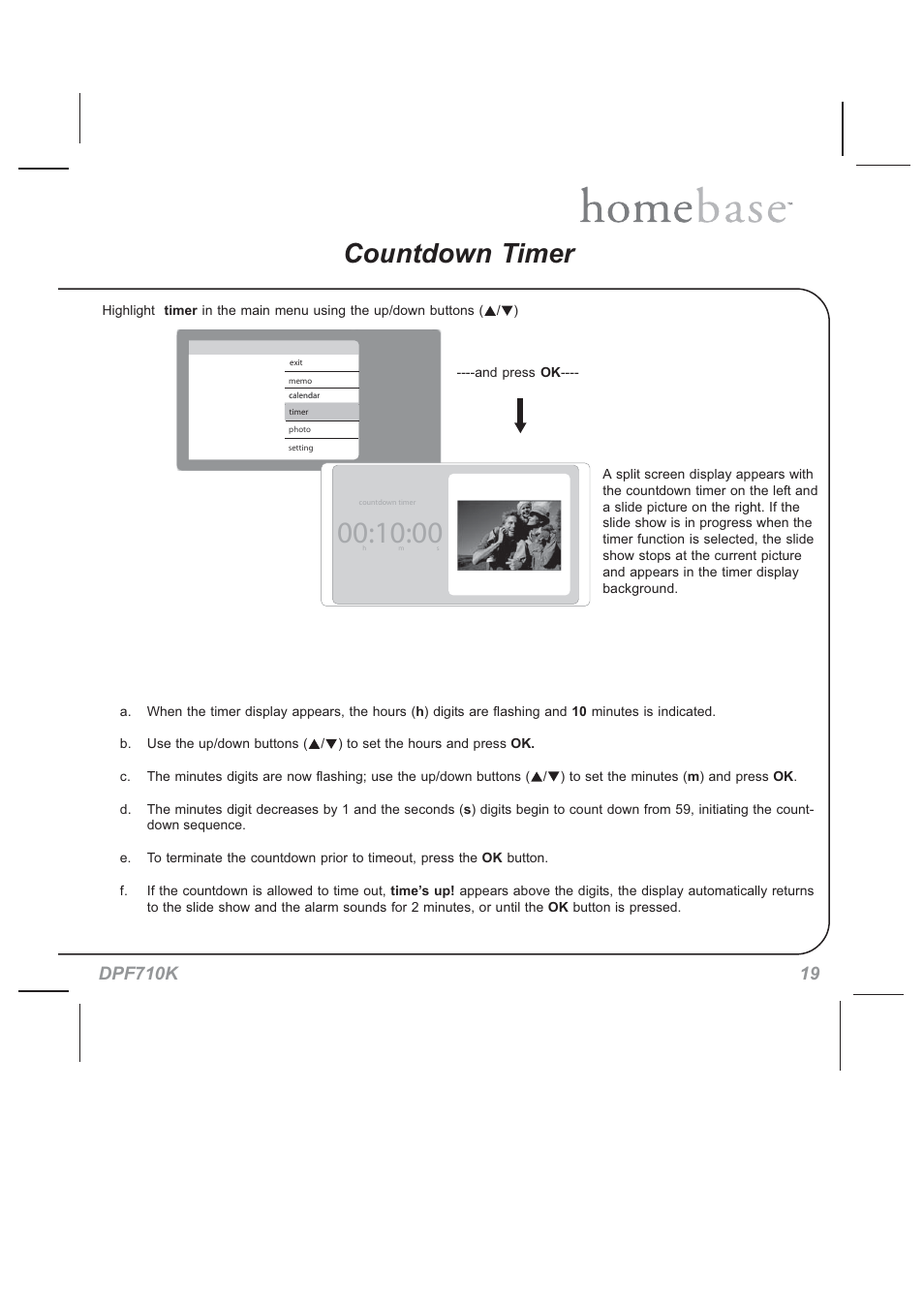 Countdown timer | Audiovox HOMEBASE DPF710K User Manual | Page 19 / 32