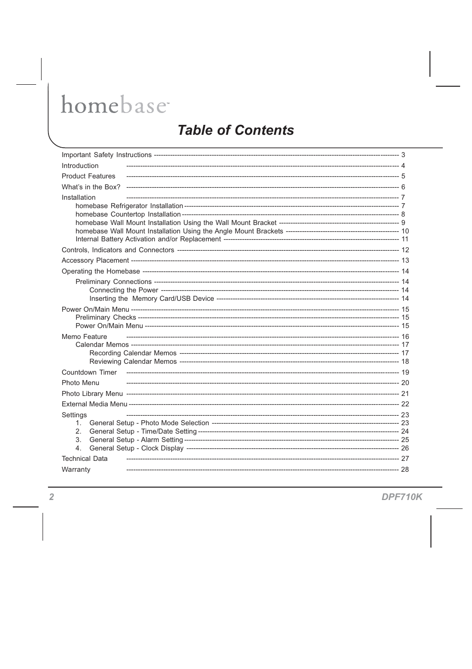 Audiovox HOMEBASE DPF710K User Manual | Page 2 / 32