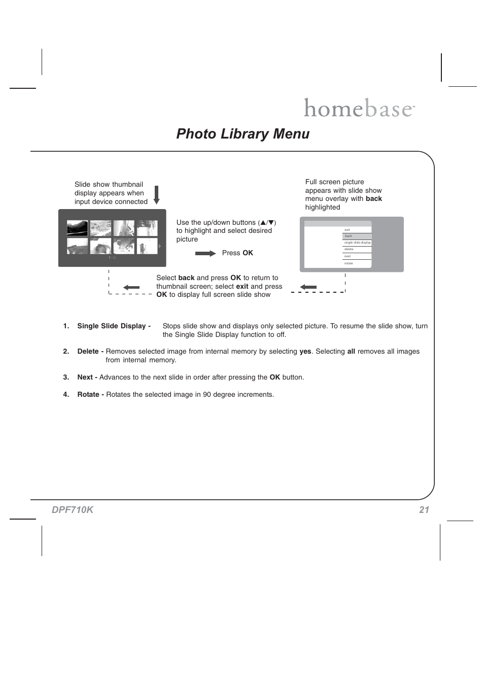 Photo library menu | Audiovox HOMEBASE DPF710K User Manual | Page 21 / 32