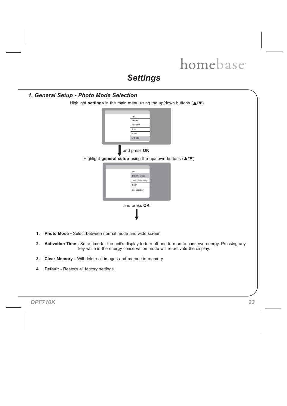 Settings, General setup - photo mode selection | Audiovox HOMEBASE DPF710K User Manual | Page 23 / 32