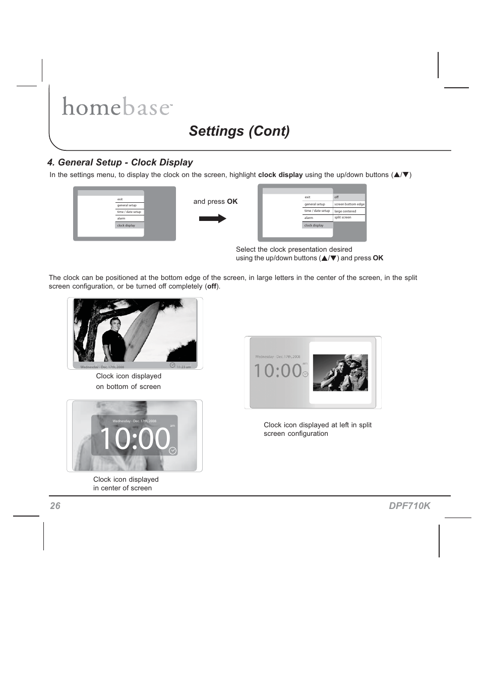 Settings (cont), General setup - clock display | Audiovox HOMEBASE DPF710K User Manual | Page 26 / 32