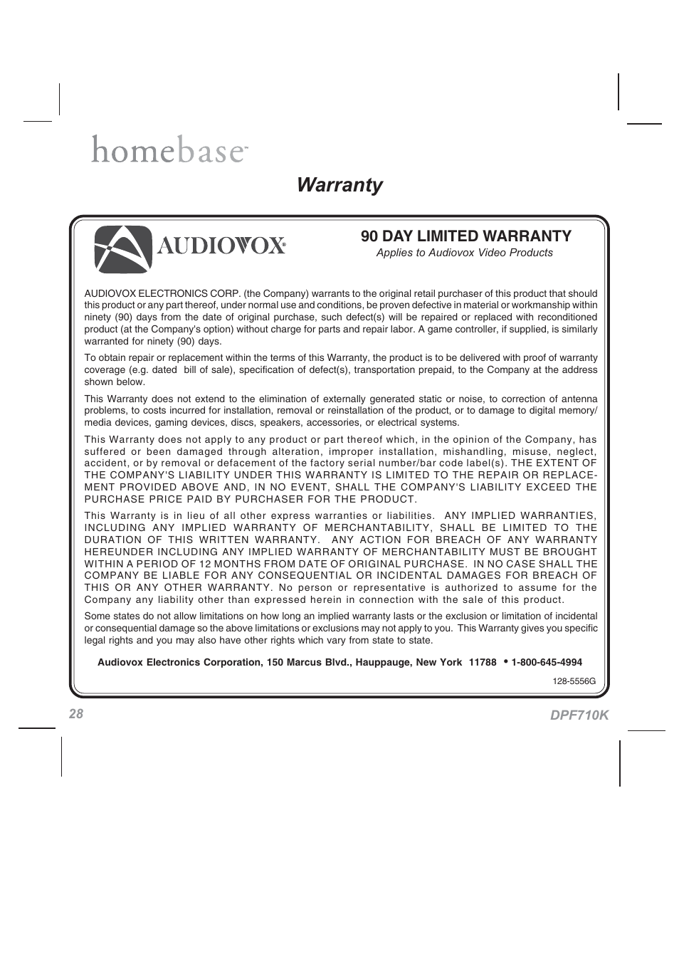 Warranty, 90 day limited warranty | Audiovox HOMEBASE DPF710K User Manual | Page 28 / 32