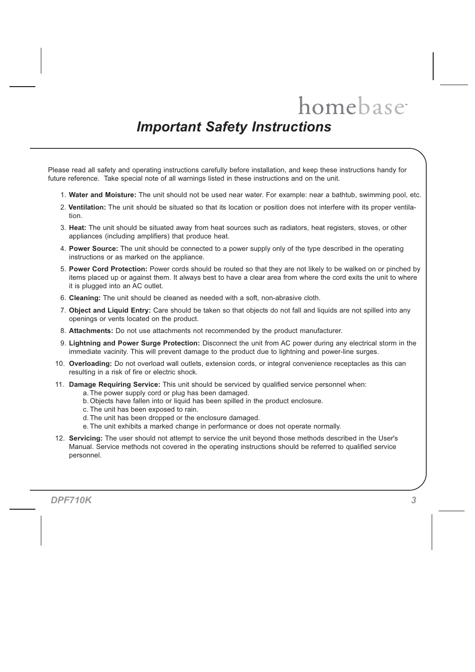 Important safety instructions | Audiovox HOMEBASE DPF710K User Manual | Page 3 / 32