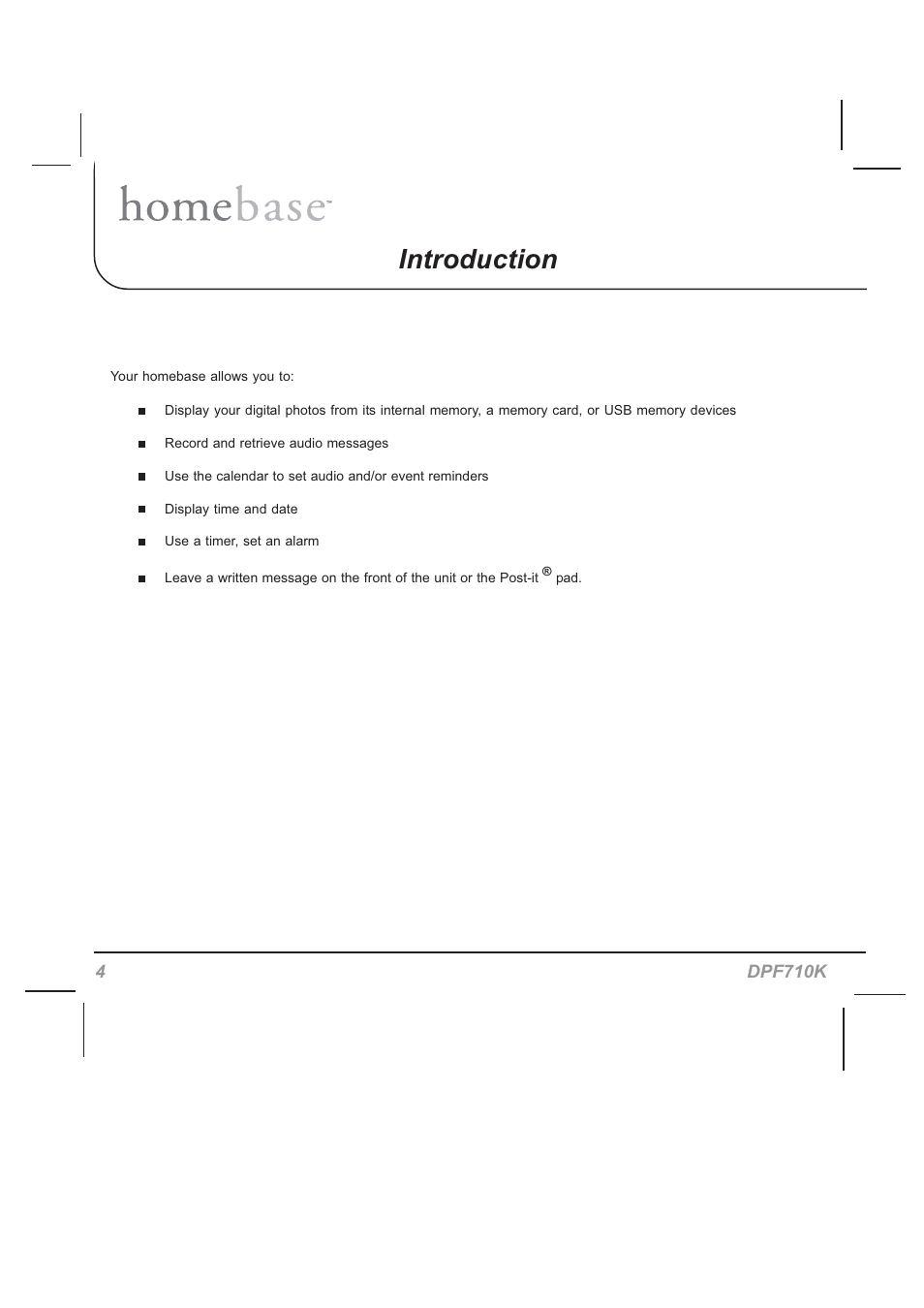 Introduction | Audiovox HOMEBASE DPF710K User Manual | Page 4 / 32