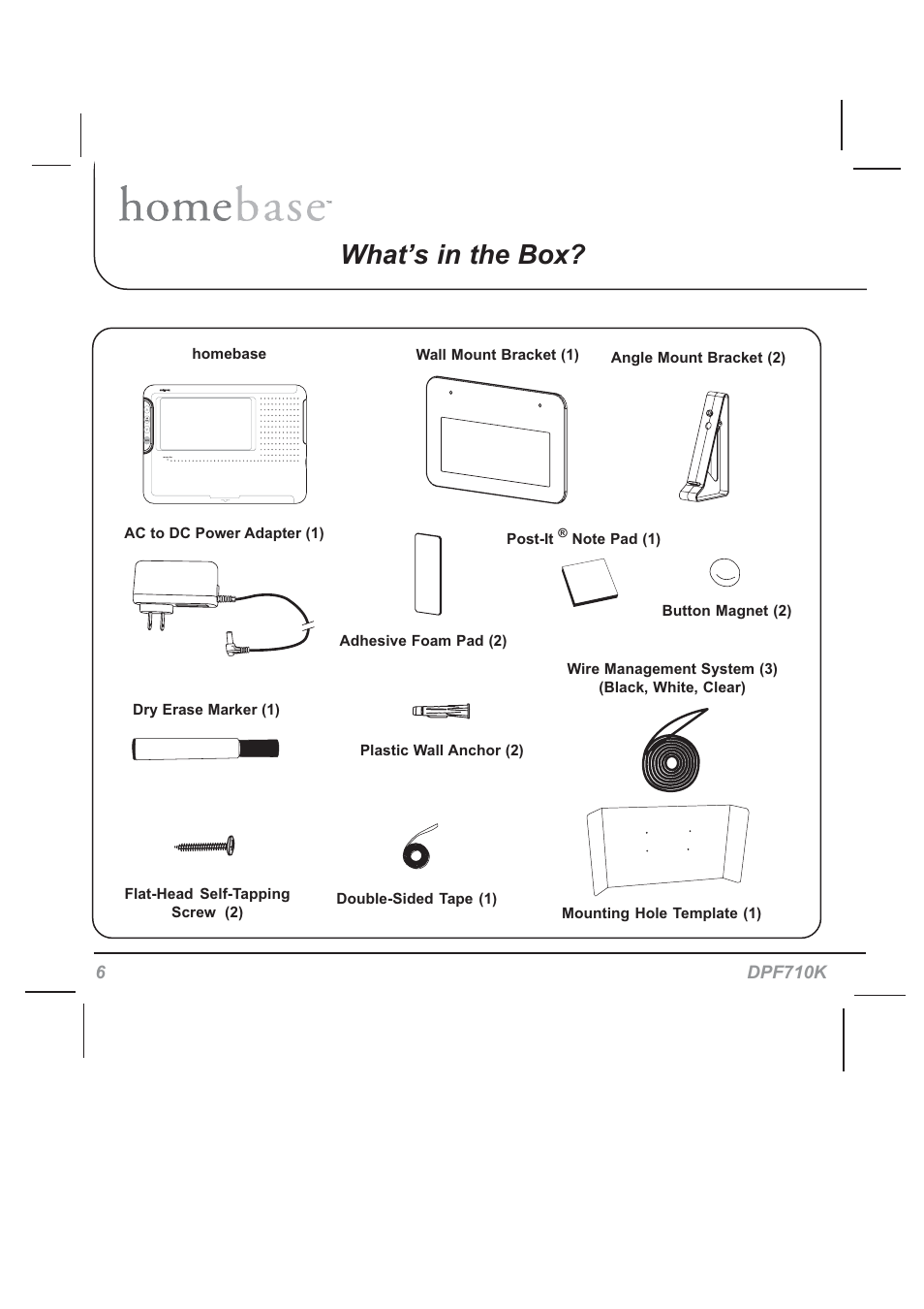 What’s in the box | Audiovox HOMEBASE DPF710K User Manual | Page 6 / 32