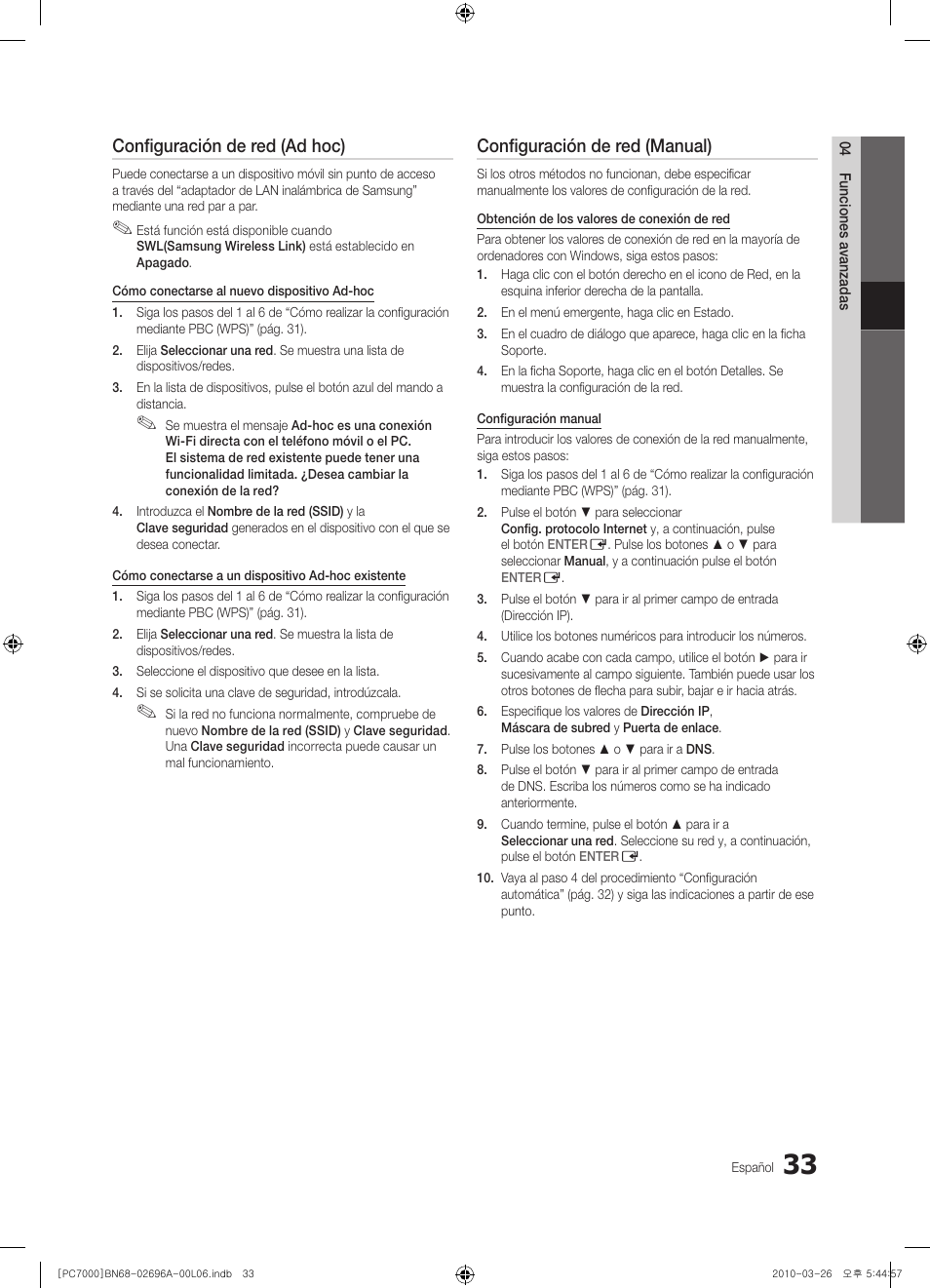 Configuración de red (ad hoc), Configuración de red (manual) | Samsung PS50C7000YW User Manual | Page 157 / 373