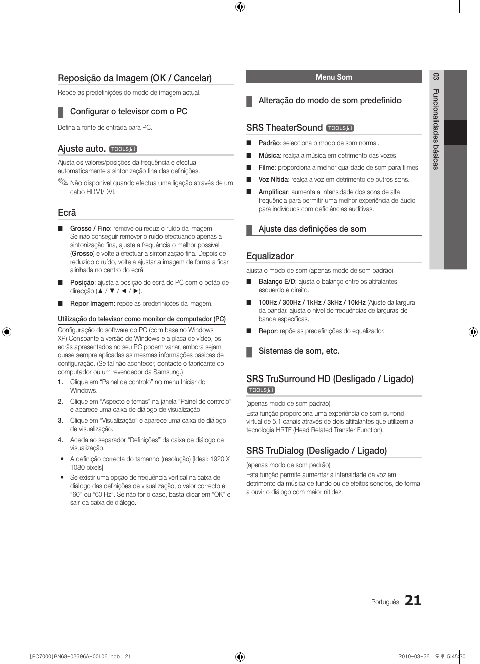 Reposição da imagem (ok / cancelar), Ajuste auto, Ecrã | Srs theatersound, Equalizador, Srs trusurround hd (desligado / ligado), Srs trudialog (desligado / ligado) | Samsung PS50C7000YW User Manual | Page 207 / 373