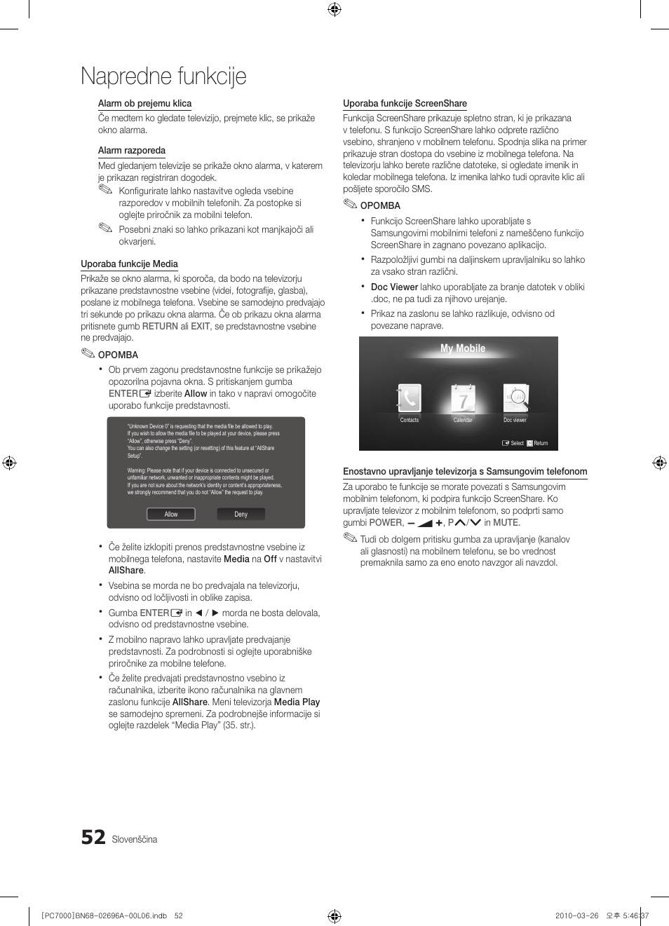 Napredne funkcije | Samsung PS50C7000YW User Manual | Page 300 / 373