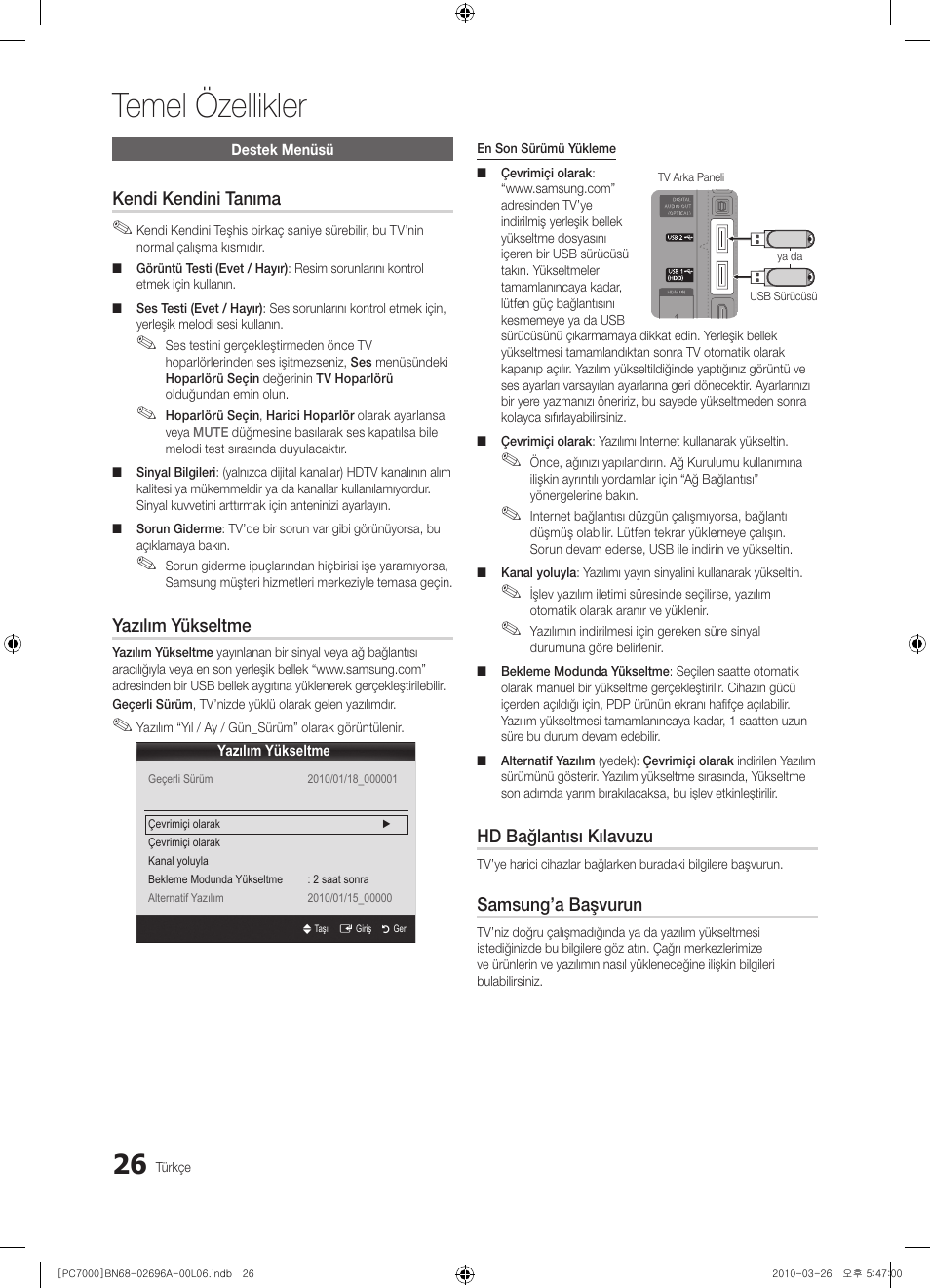Temel özellikler, Kendi kendini tanıma, Yazılım yükseltme | Hd bağlantısı kılavuzu, Samsung’a başvurun | Samsung PS50C7000YW User Manual | Page 336 / 373
