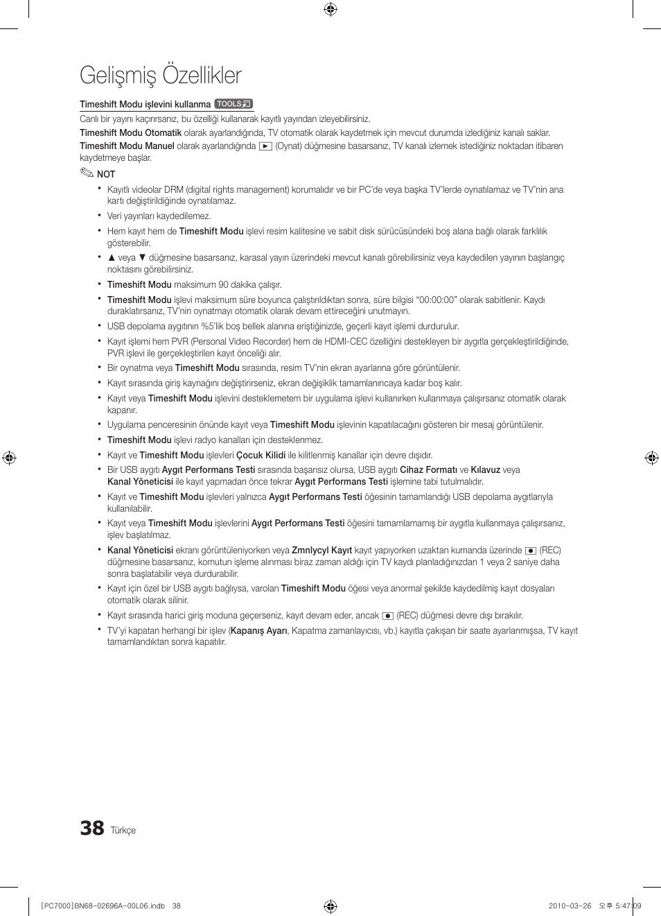 Gelişmiş özellikler | Samsung PS50C7000YW User Manual | Page 348 / 373
