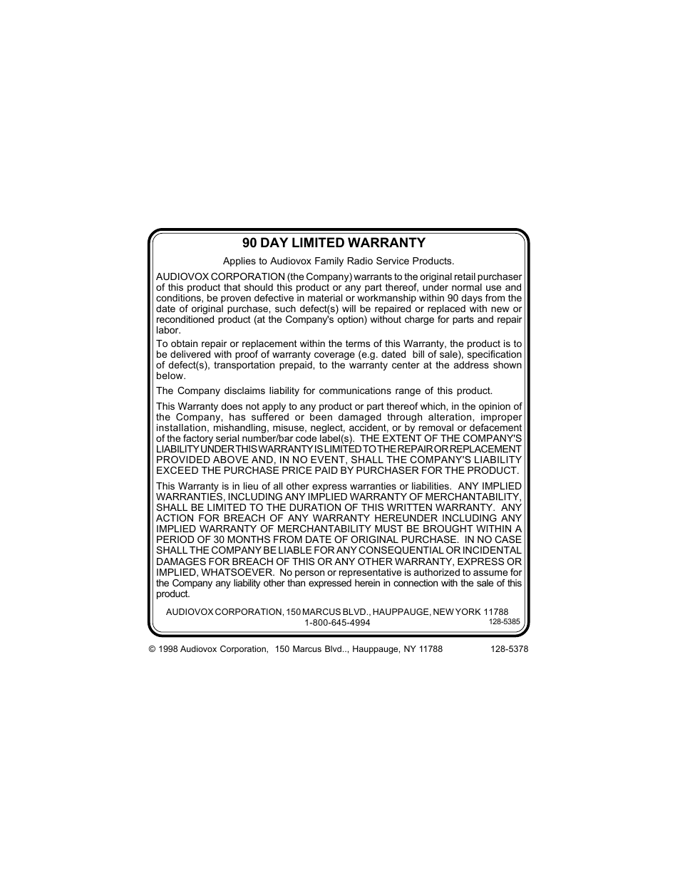 90 day limited warranty | Audiovox FR-140 User Manual | Page 20 / 22