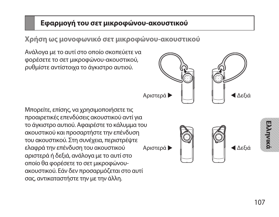 Εφαρμογή του σετ μικροφώνου-ακουστικού | Samsung HM3700 User Manual | Page 109 / 173
