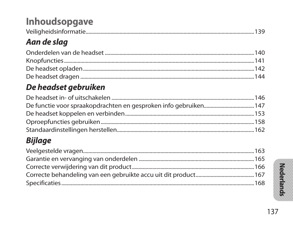 Nederlands, Inhoudsopgave | Samsung HM3700 User Manual | Page 139 / 173